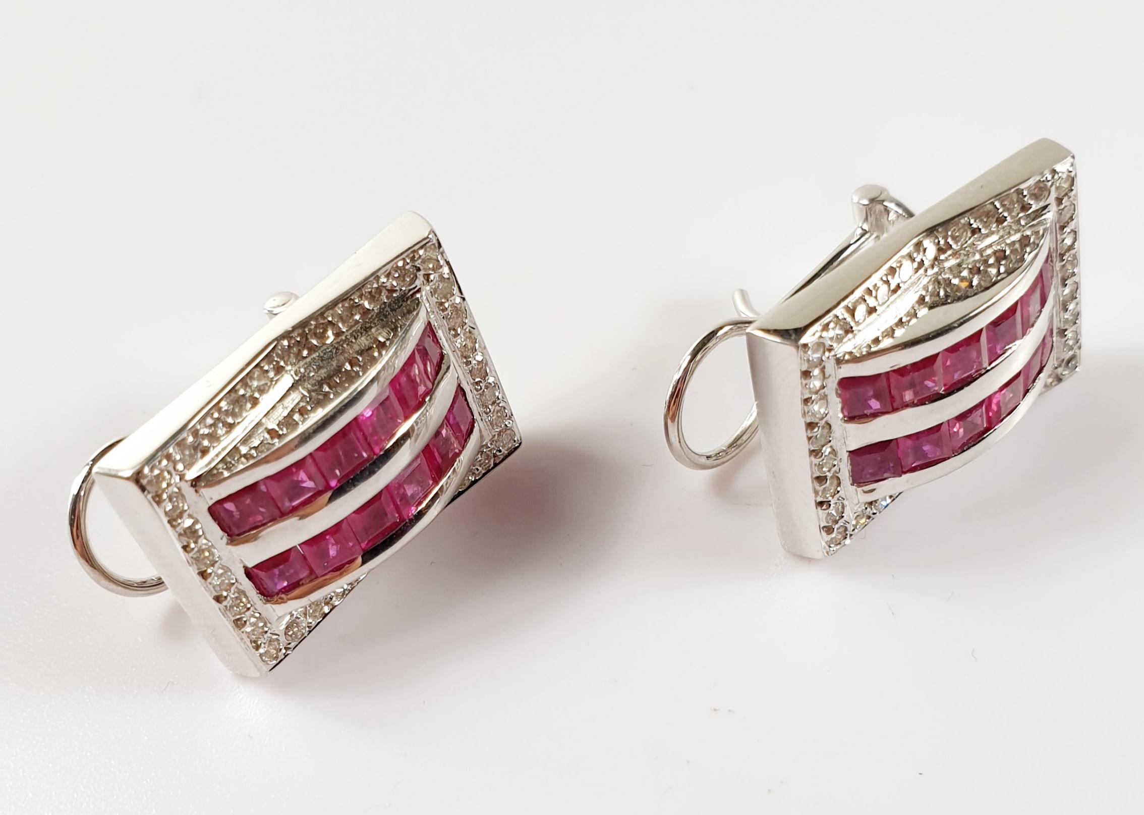 Contemporary Diamond and Ruby Earrings in 18 Karat White Gold  For Sale