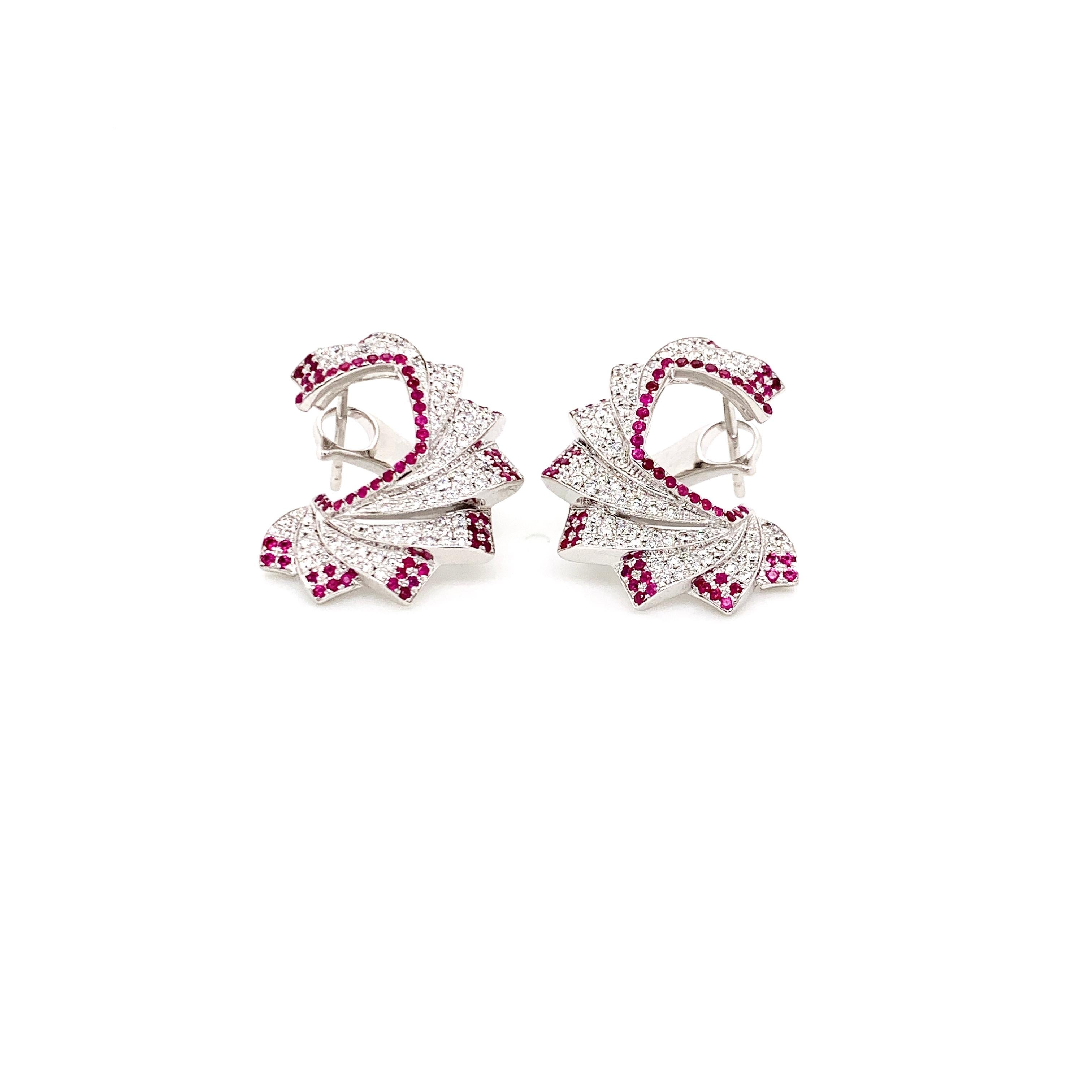 Contemporary Diamond and Ruby Earrings in 18 Karat White Gold For Sale