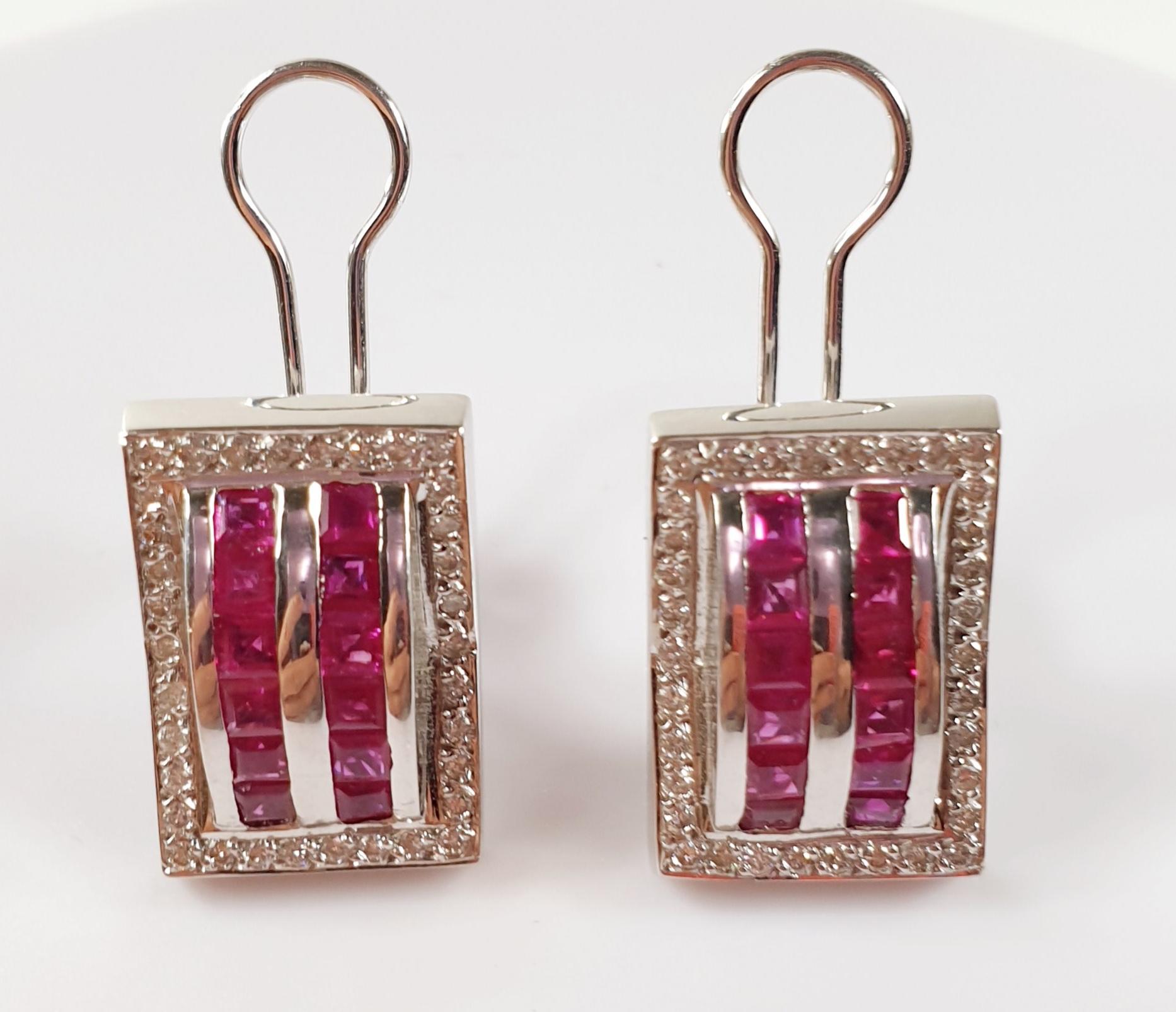 Baguette Cut Diamond and Ruby Earrings in 18 Karat White Gold  For Sale