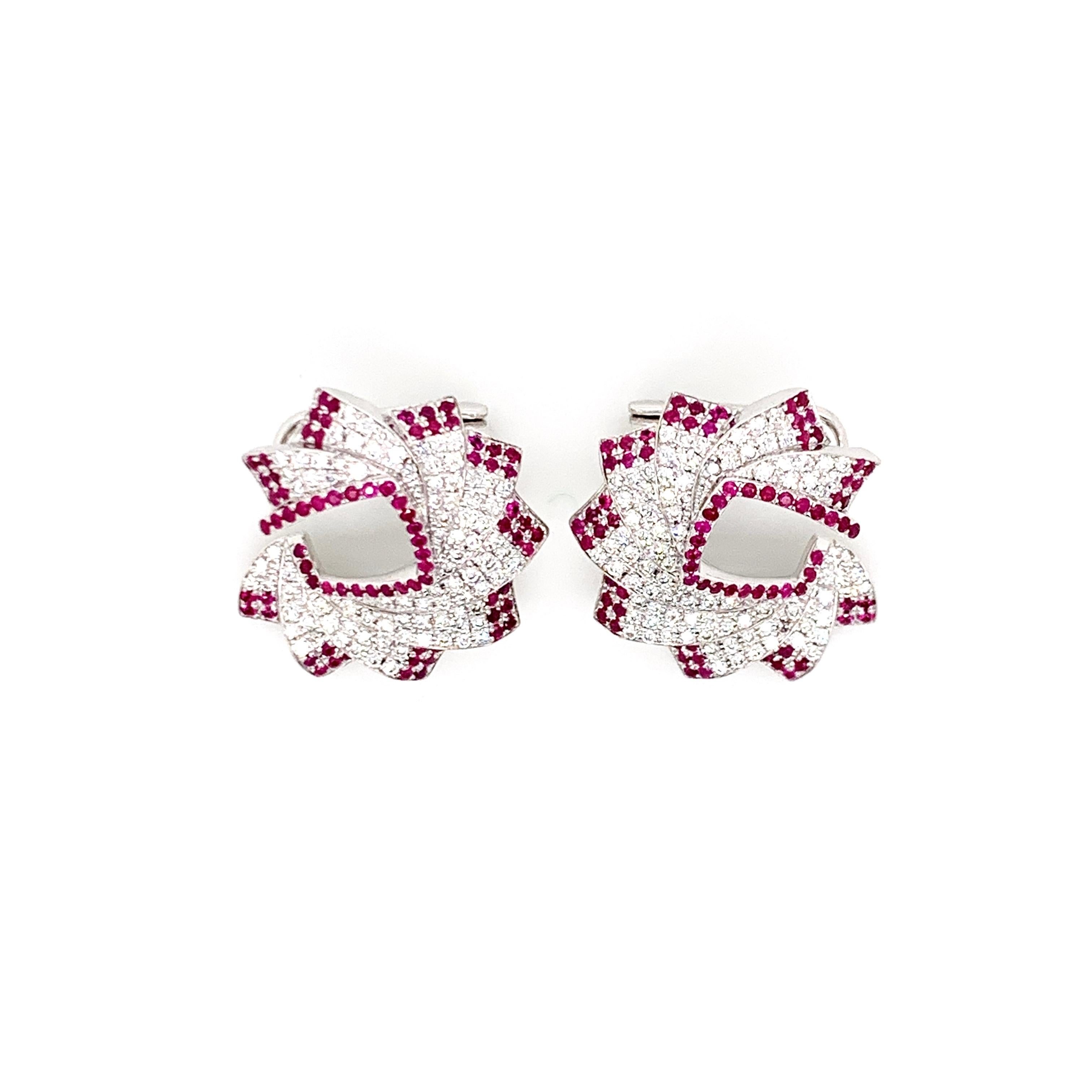 Round Cut Diamond and Ruby Earrings in 18 Karat White Gold For Sale