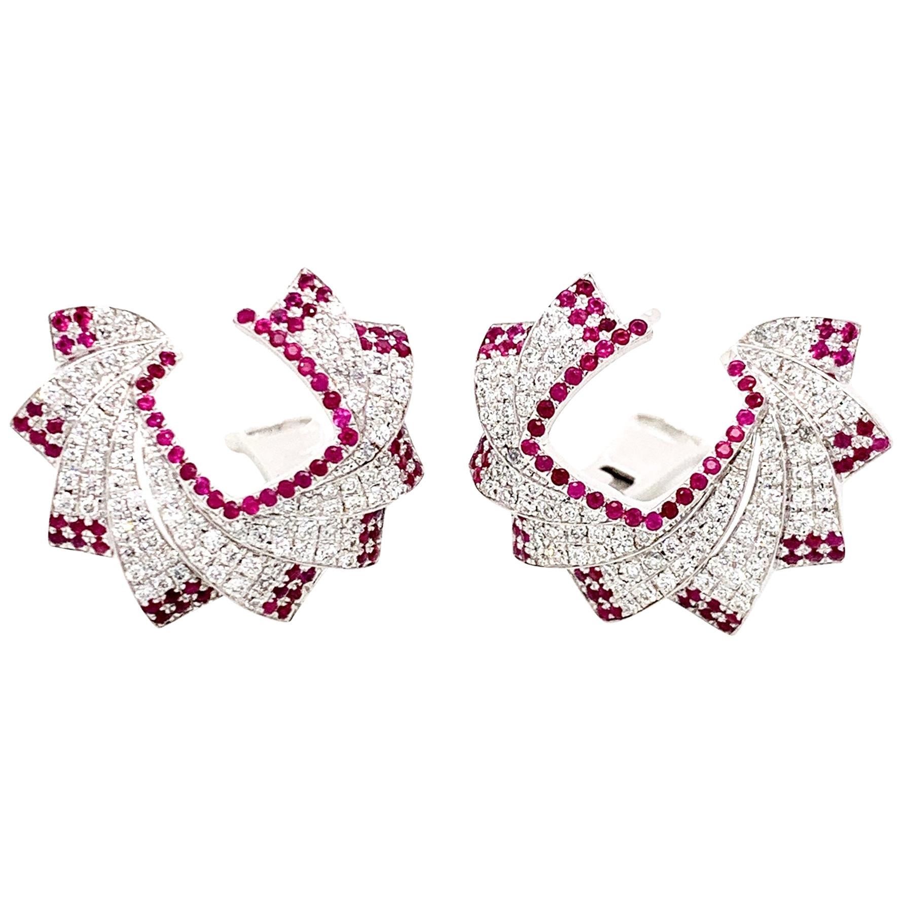Diamond and Ruby Earrings in 18 Karat White Gold For Sale