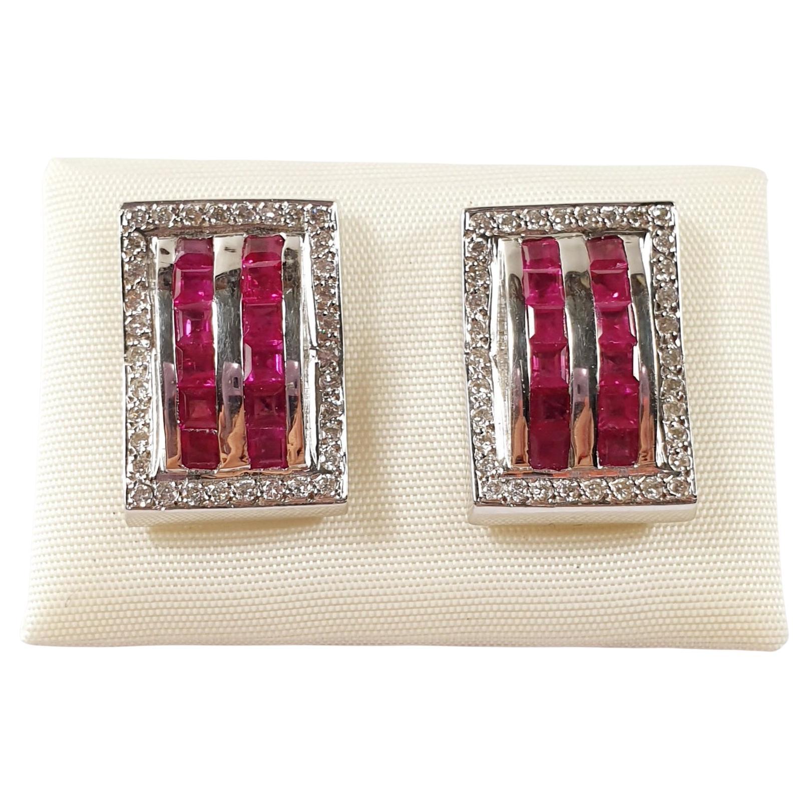Diamond and Ruby Earrings in 18 Karat White Gold  For Sale