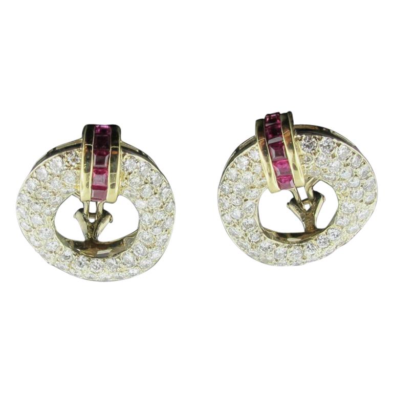 Diamond and Ruby Earrings Set in 18 Karat White and Yellow Gold