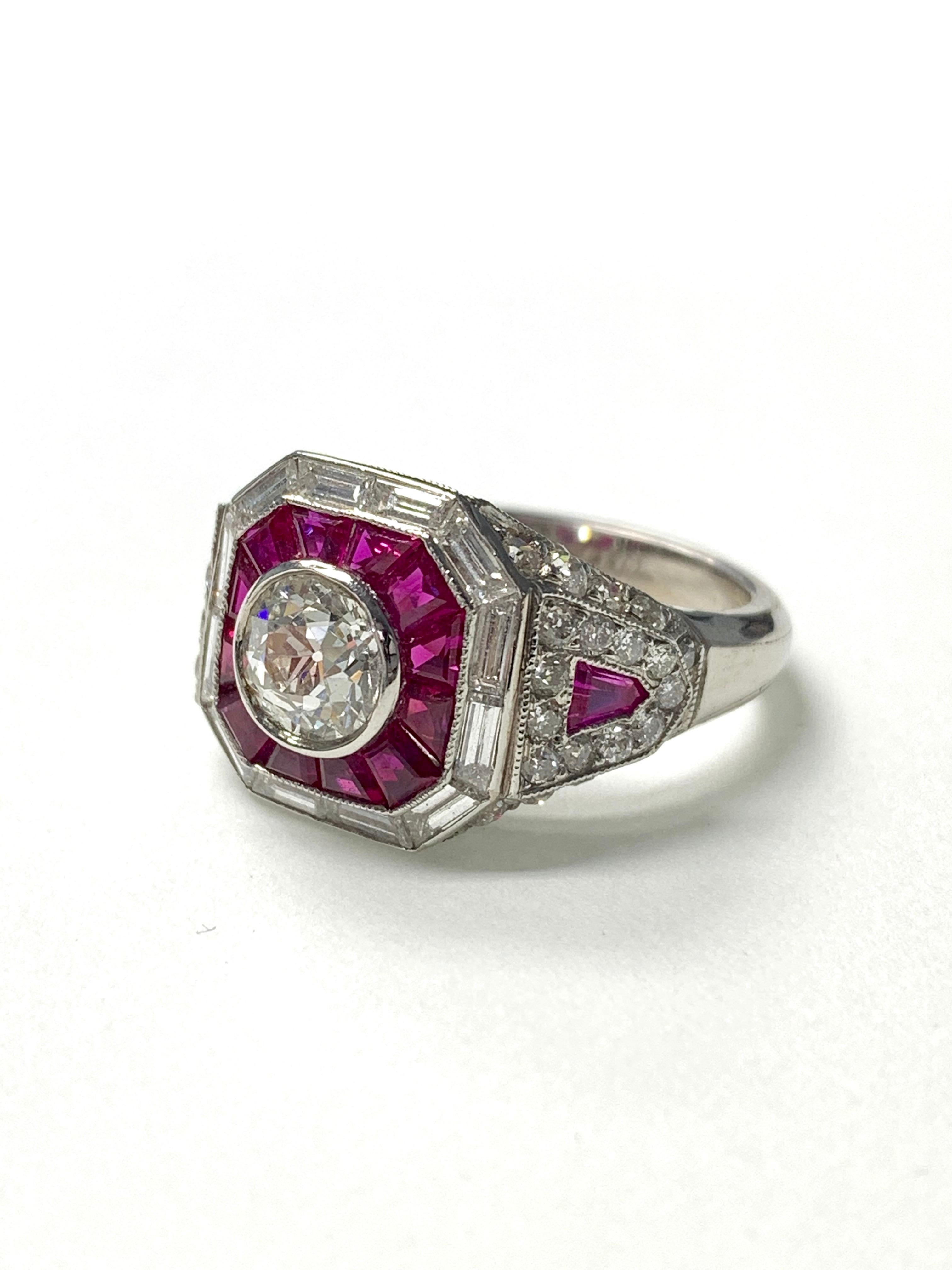 Round Cut Diamond and Ruby Engagement Ring in Platinum For Sale
