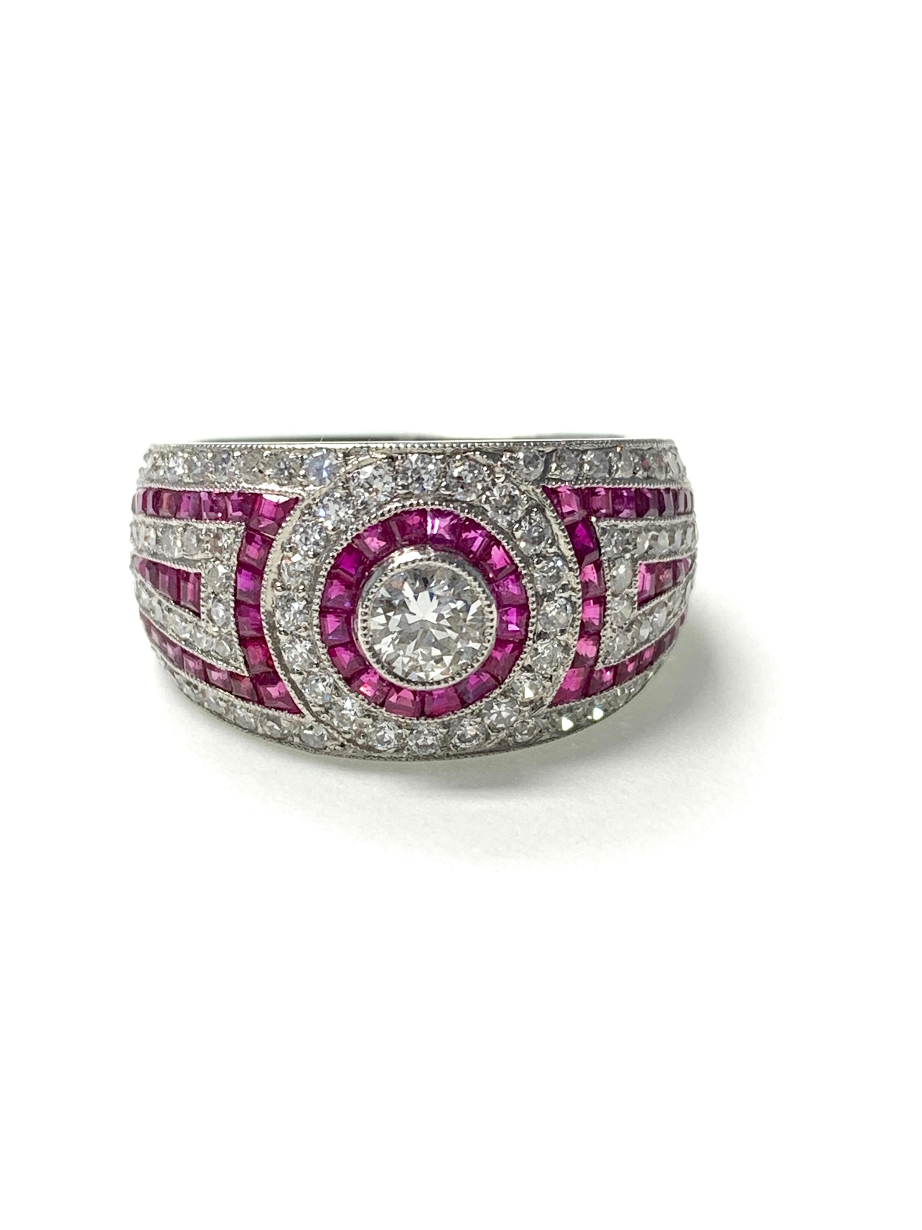 Round Cut Diamond and Ruby Engagement Ring in Platinum For Sale