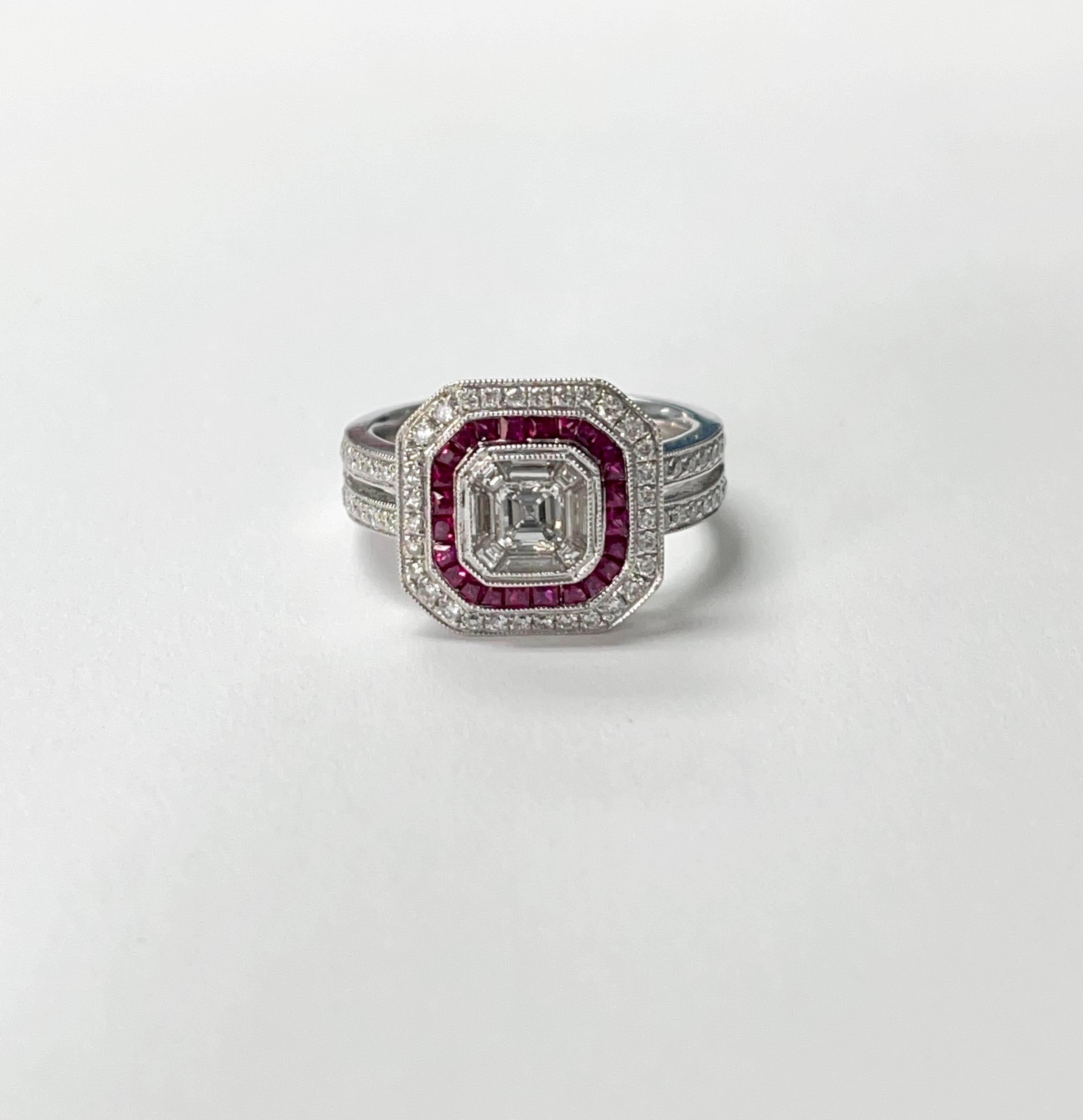 Diamond and ruby ring beautifully handcrafted in 18k white gold. 
The details are as follows : 
Diamond weight : 0.90 carat ( GH color VS clarity ) 
Fancy cut diamond ( Asscher )  weight : 0.59 carat 
Metal : white gold 



