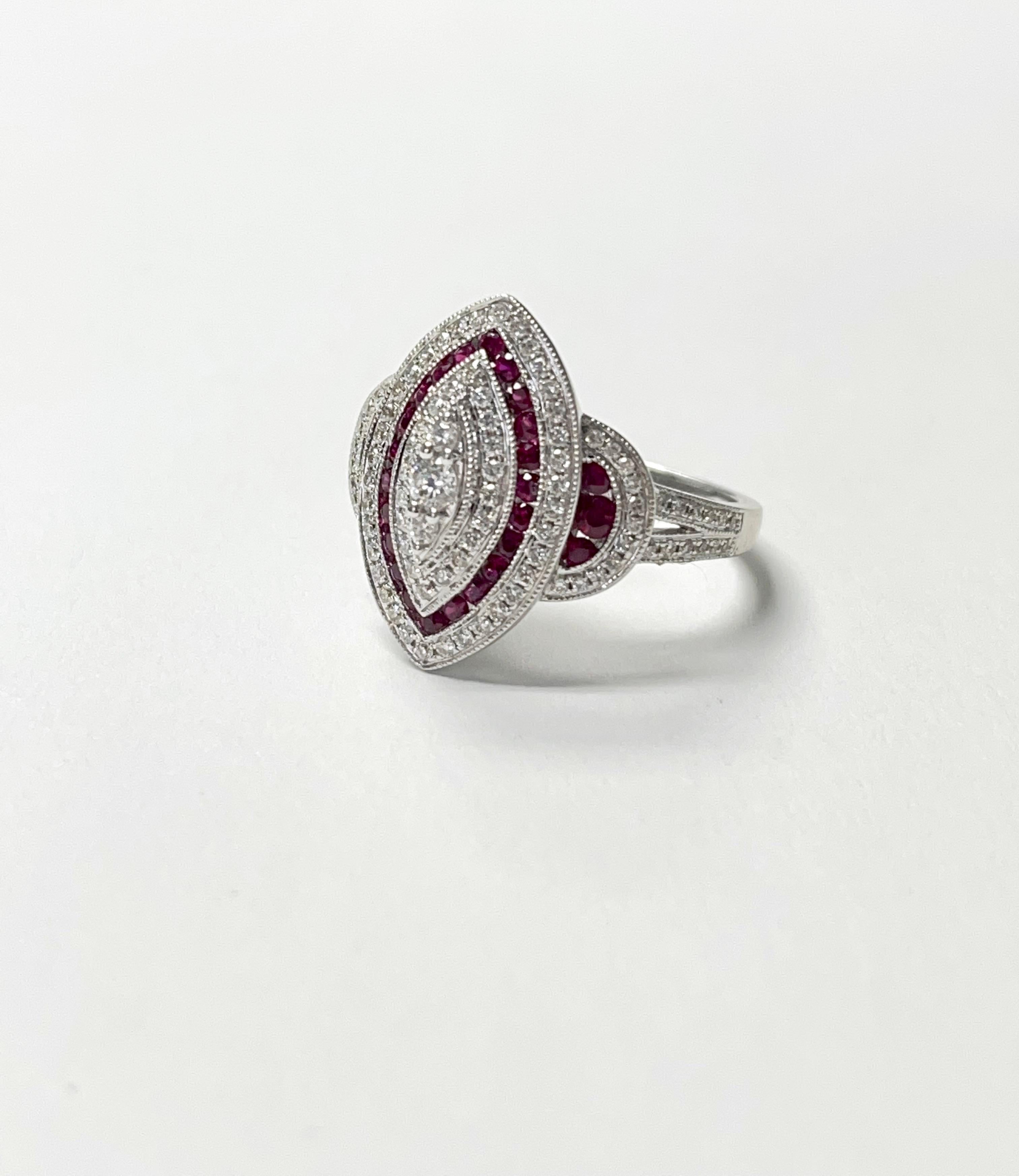 Diamond and ruby ring beautifully hand crafted in white gold. 
The details are as follows : 
Diamond weight : 1.30  carat ( GH color and VS clarity ) 
Ring size : 6 1/2 

