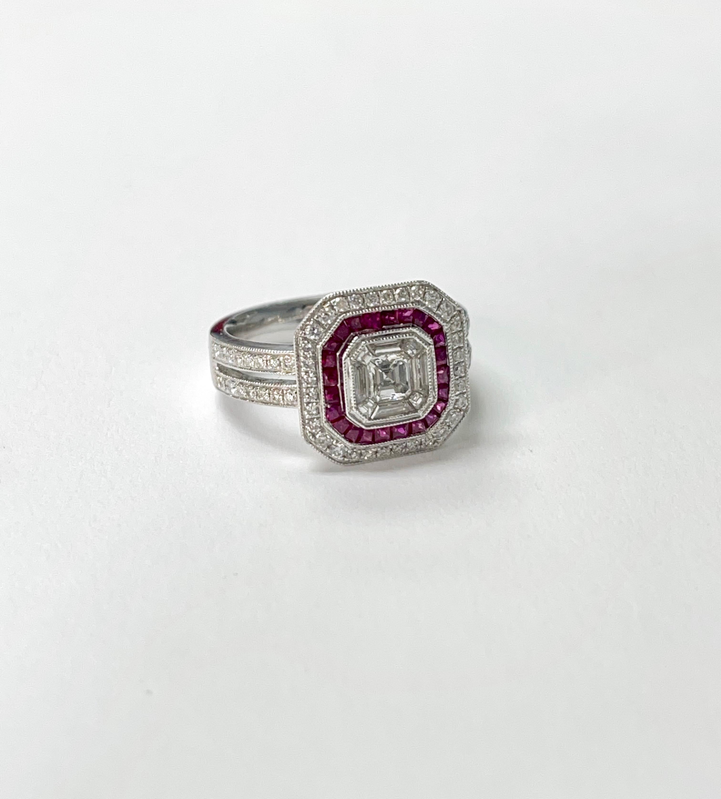Contemporary Diamond and Ruby Engagement Ring in White Gold For Sale