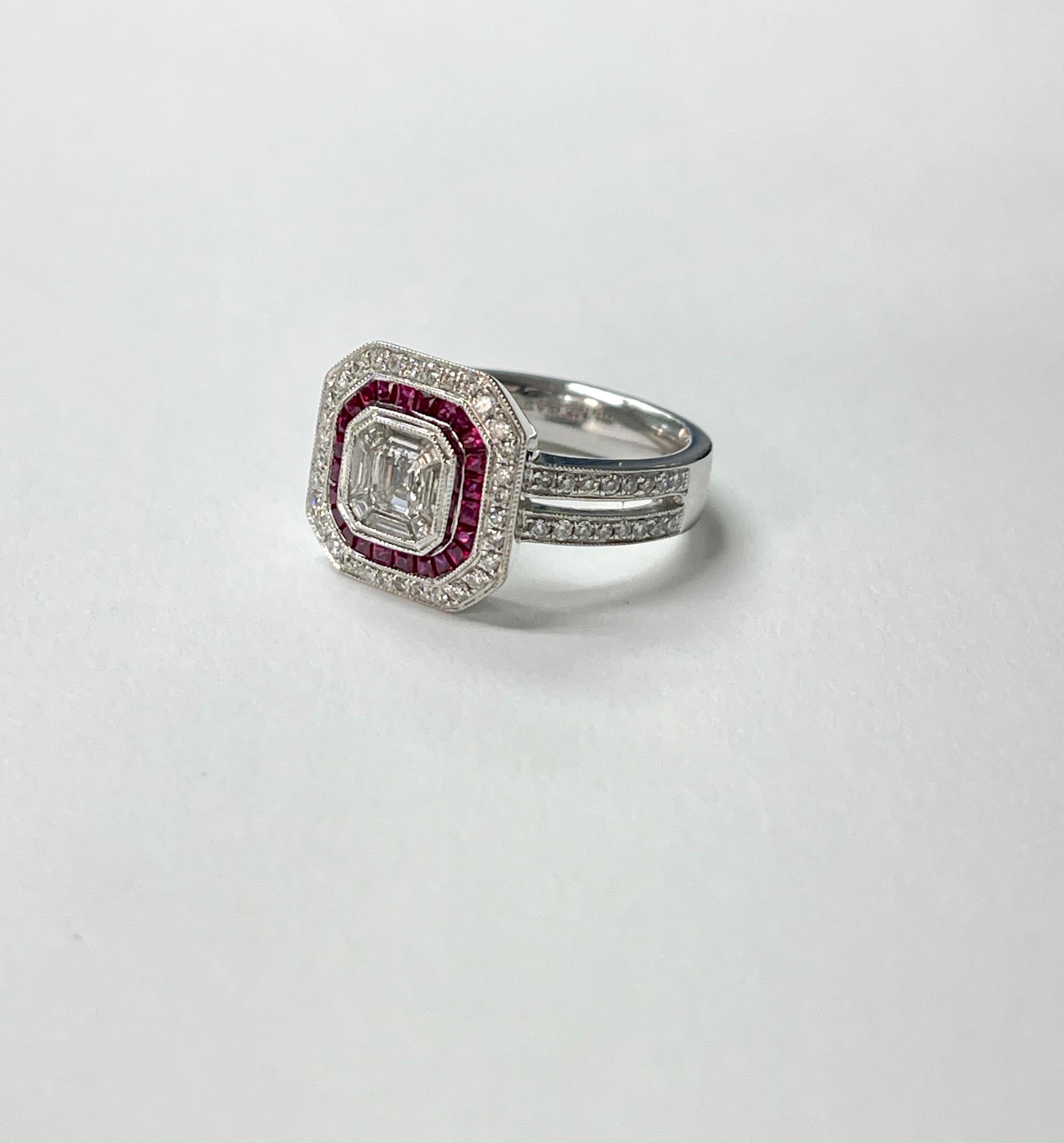 Asscher Cut Diamond and Ruby Engagement Ring in White Gold For Sale