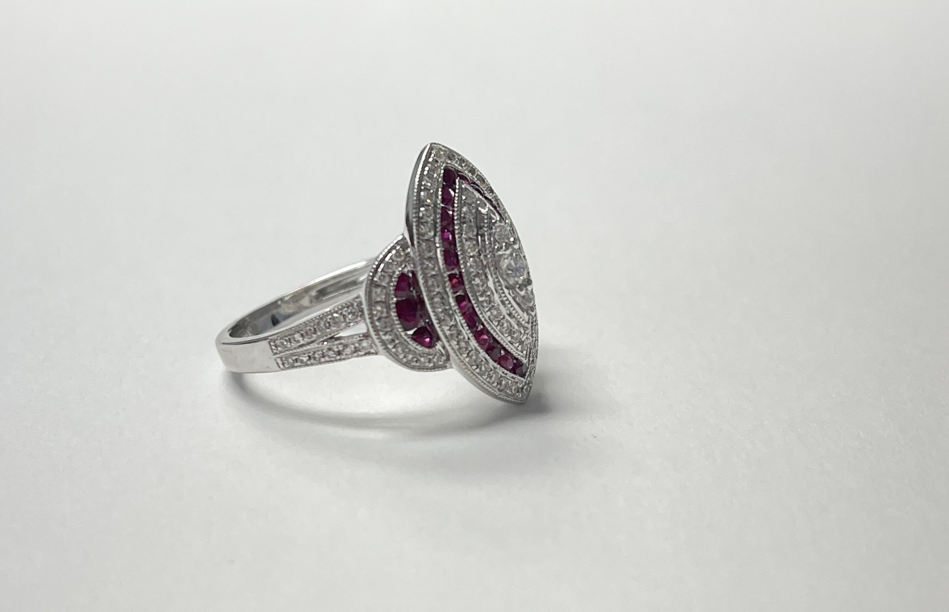 Round Cut Diamond and Ruby Engagement Ring in White Gold For Sale
