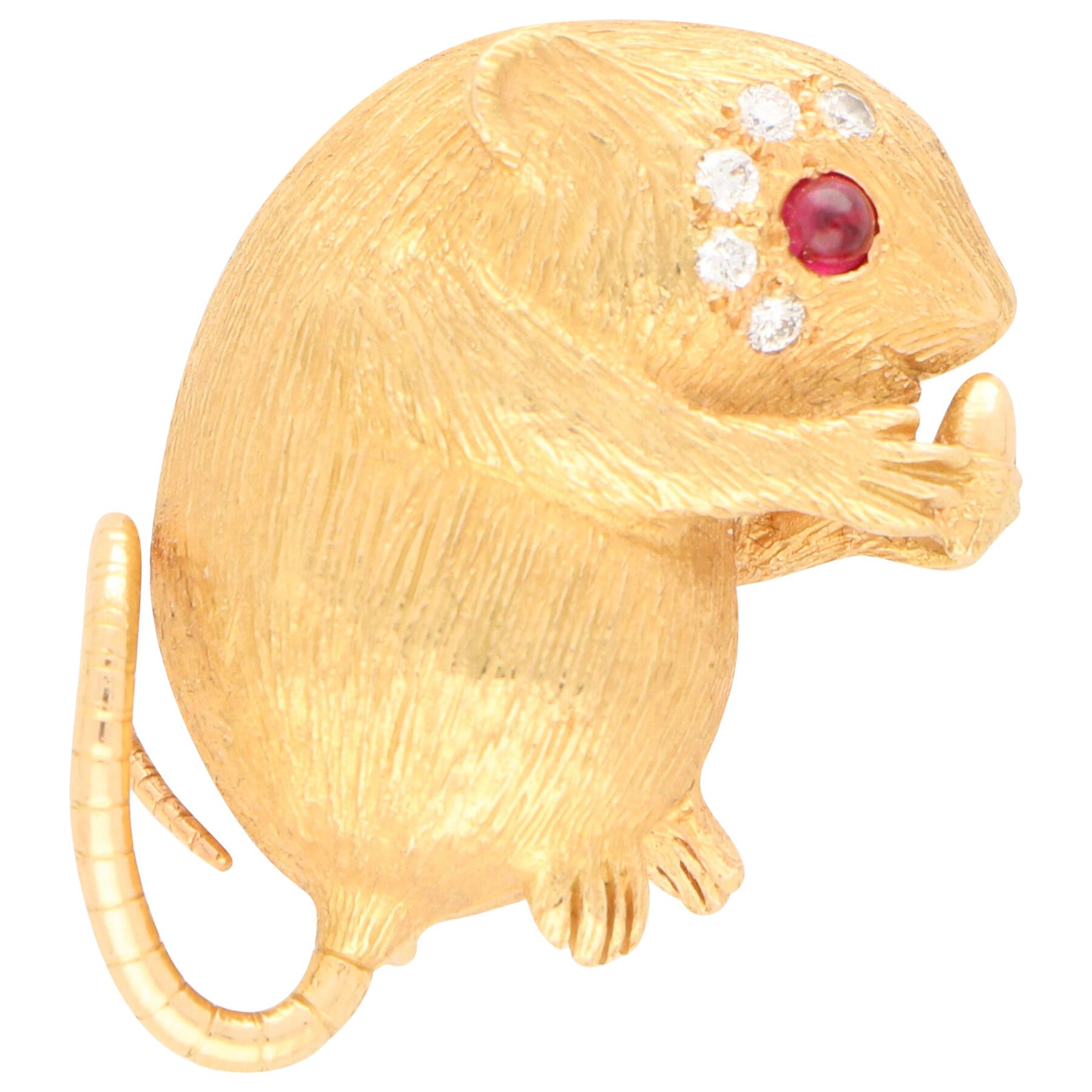 Diamond and Ruby Field Mouse Pin Brooch Set in 18 Karat Rose Gold