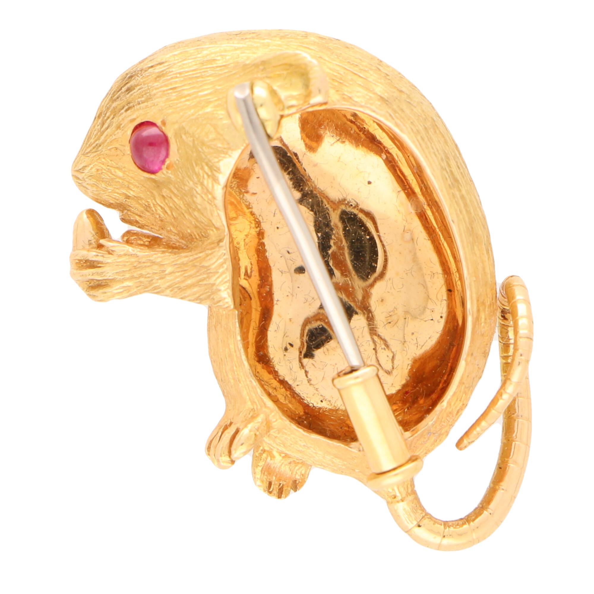 Modern Diamond and Ruby Field Mouse Pin Brooch Set in 18 Karat Rose Gold