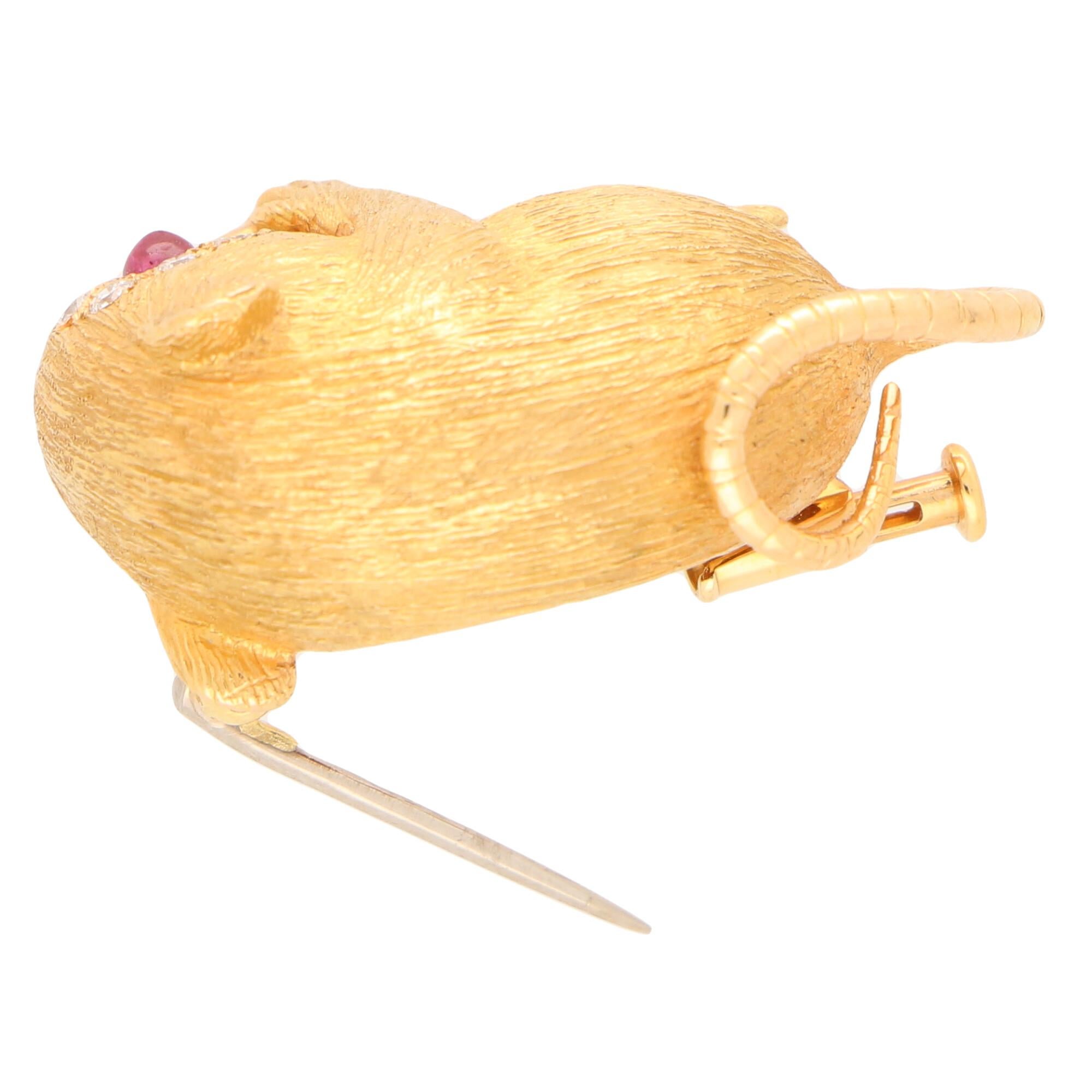 Diamond and Ruby Field Mouse Pin Brooch Set in 18 Karat Rose Gold In Good Condition In London, GB