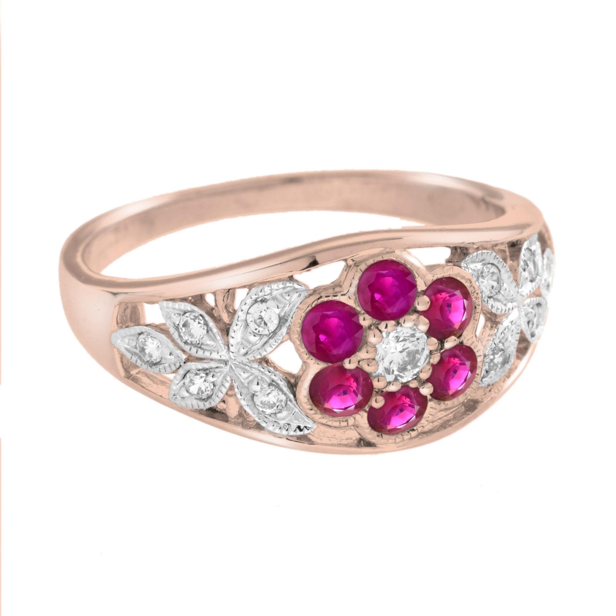 For Sale:  Diamond and Ruby Floral Cluster Engagement Ring in 14K Rose Gold 2