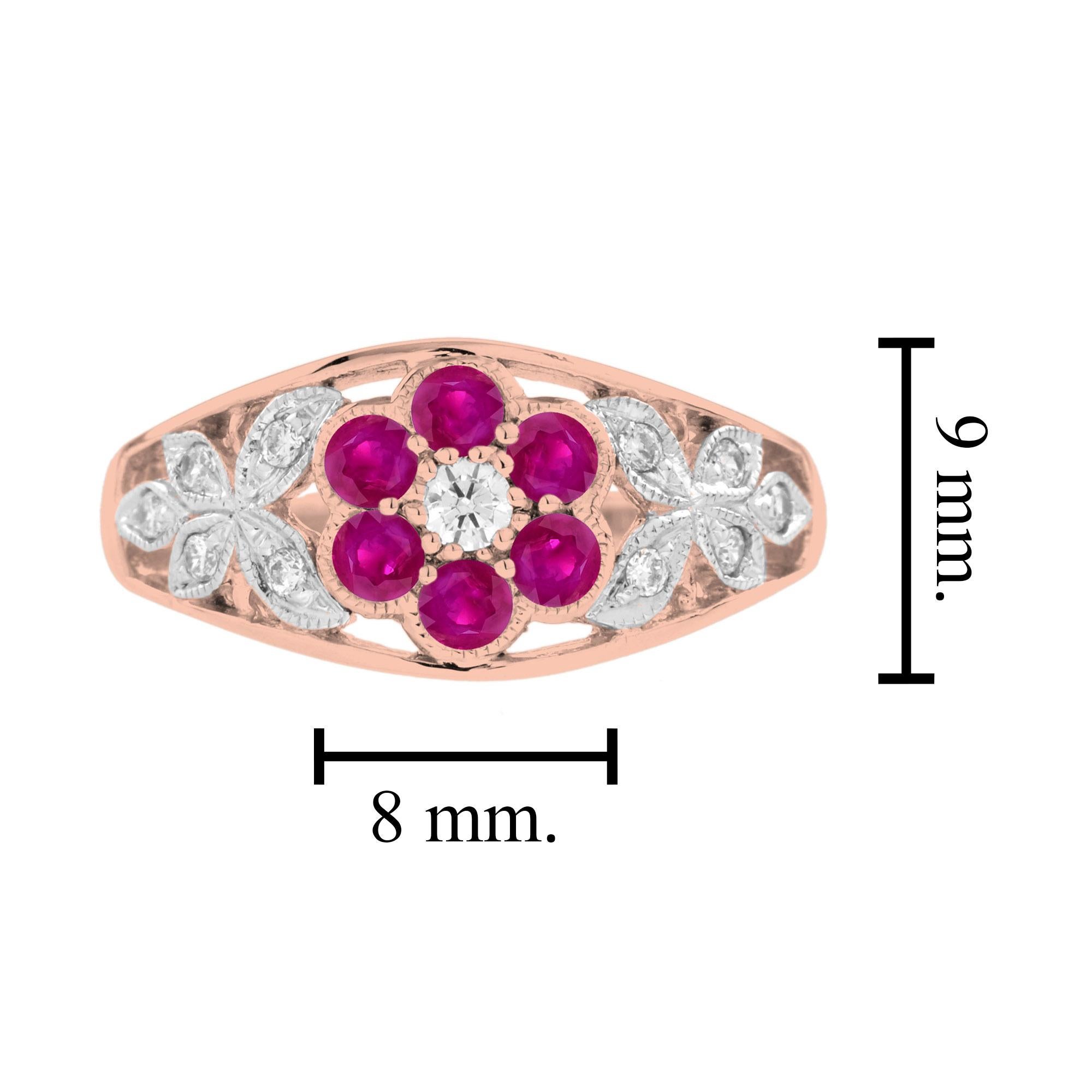 For Sale:  Diamond and Ruby Floral Cluster Engagement Ring in 14K Rose Gold 6
