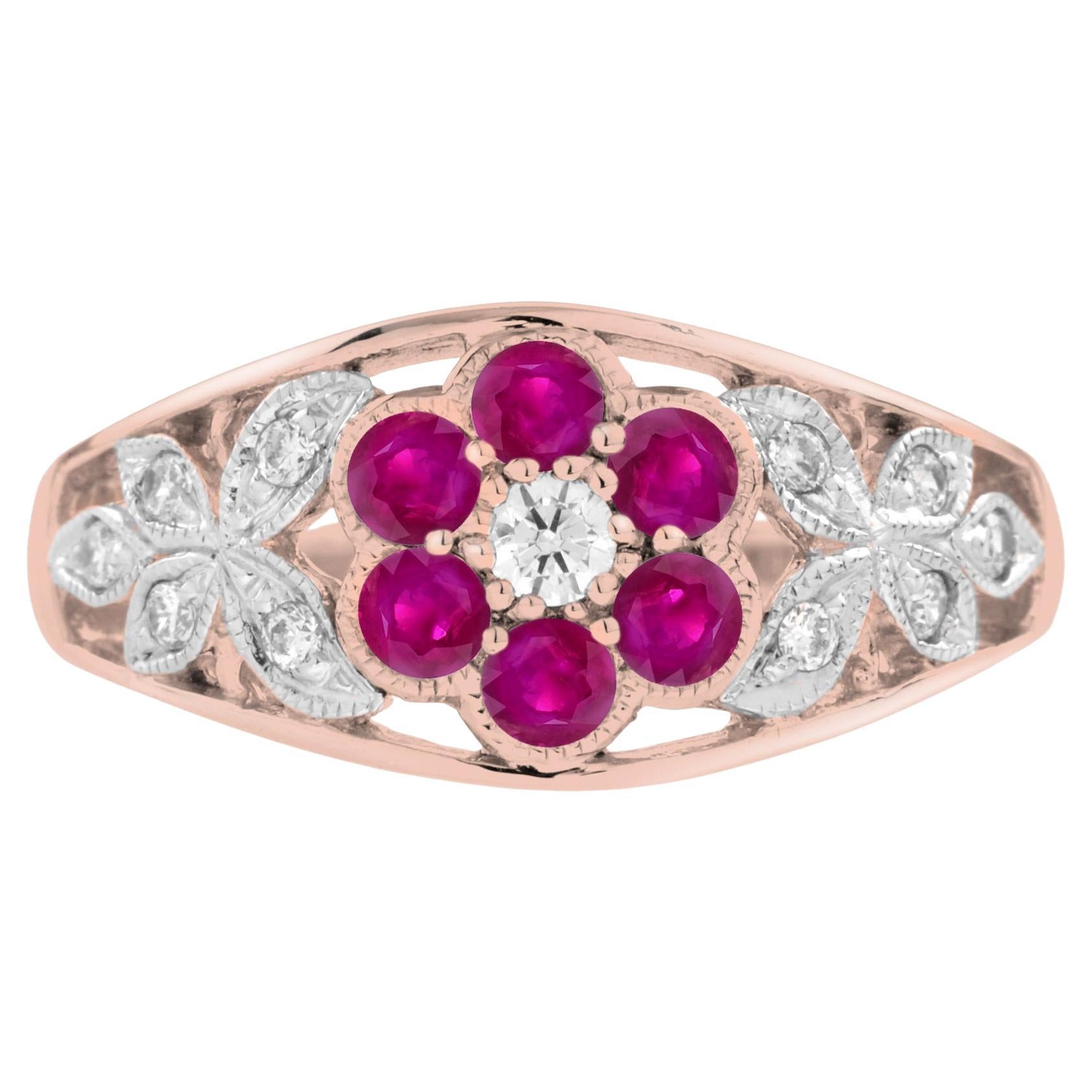 For Sale:  Diamond and Ruby Floral Cluster Engagement Ring in 14K Rose Gold