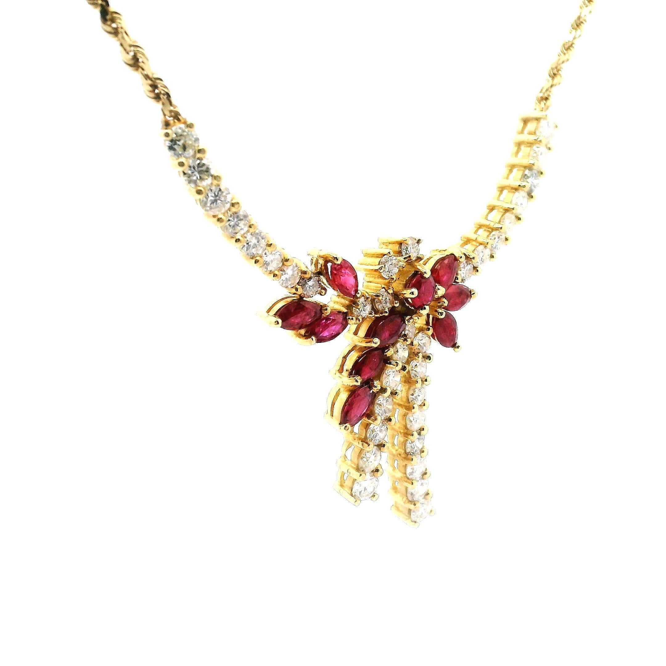 Diamond And Ruby Floral Drop Necklace In Good Condition For Sale In Sausalito, CA