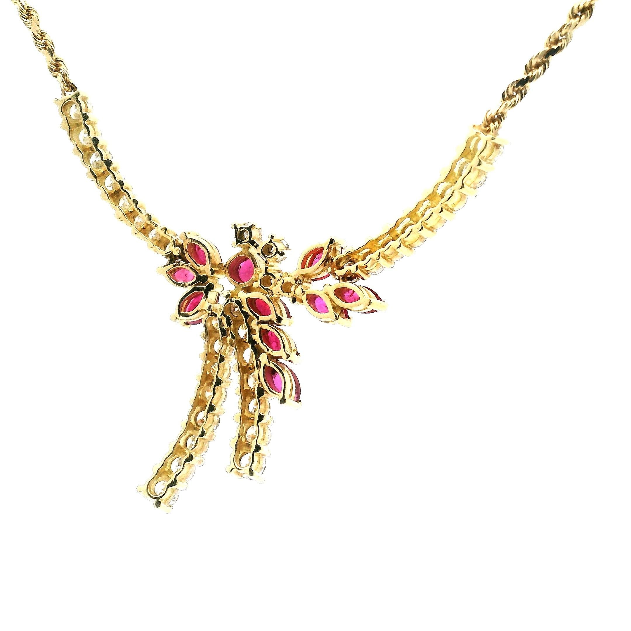 Women's Diamond And Ruby Floral Drop Necklace For Sale