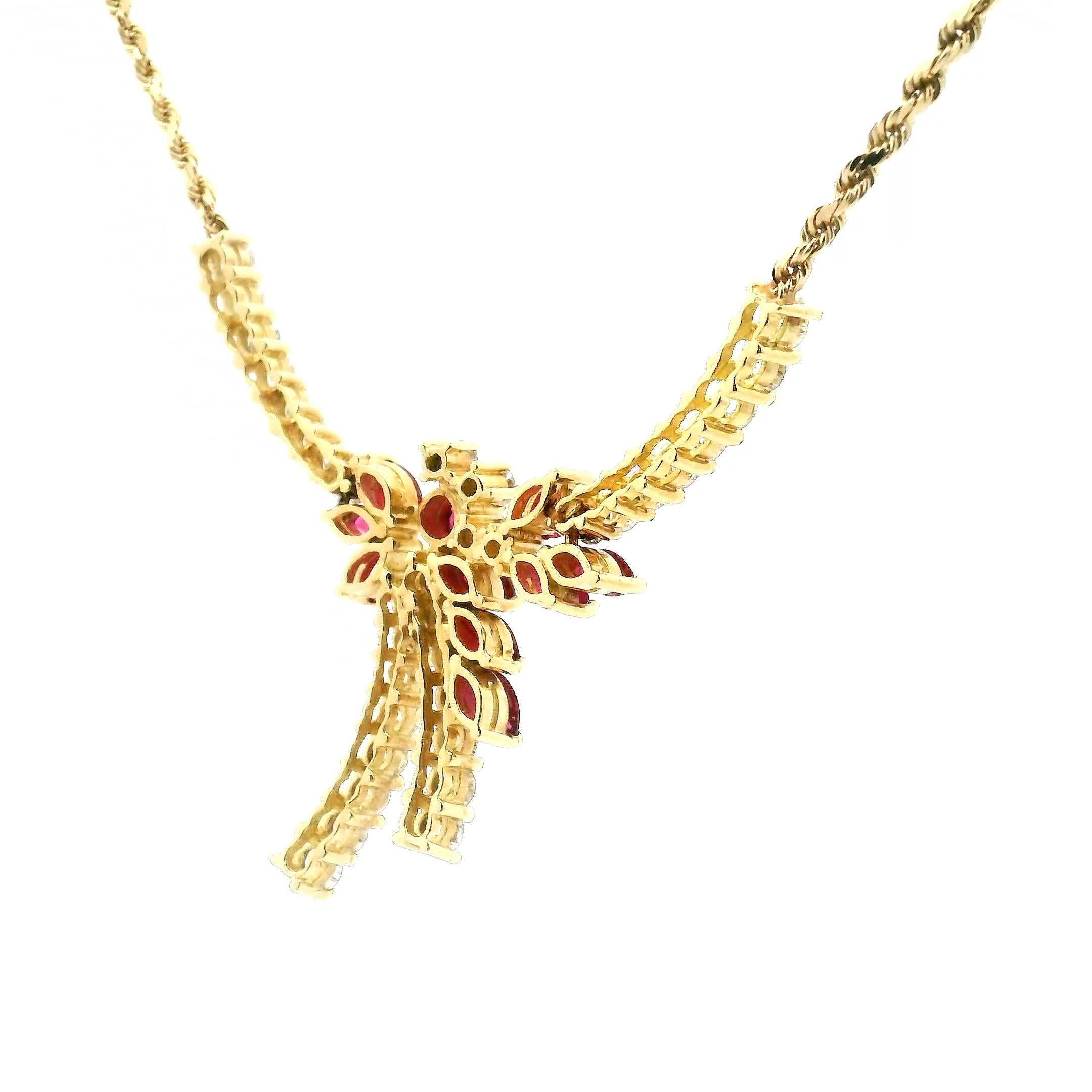 Diamond And Ruby Floral Drop Necklace For Sale 4