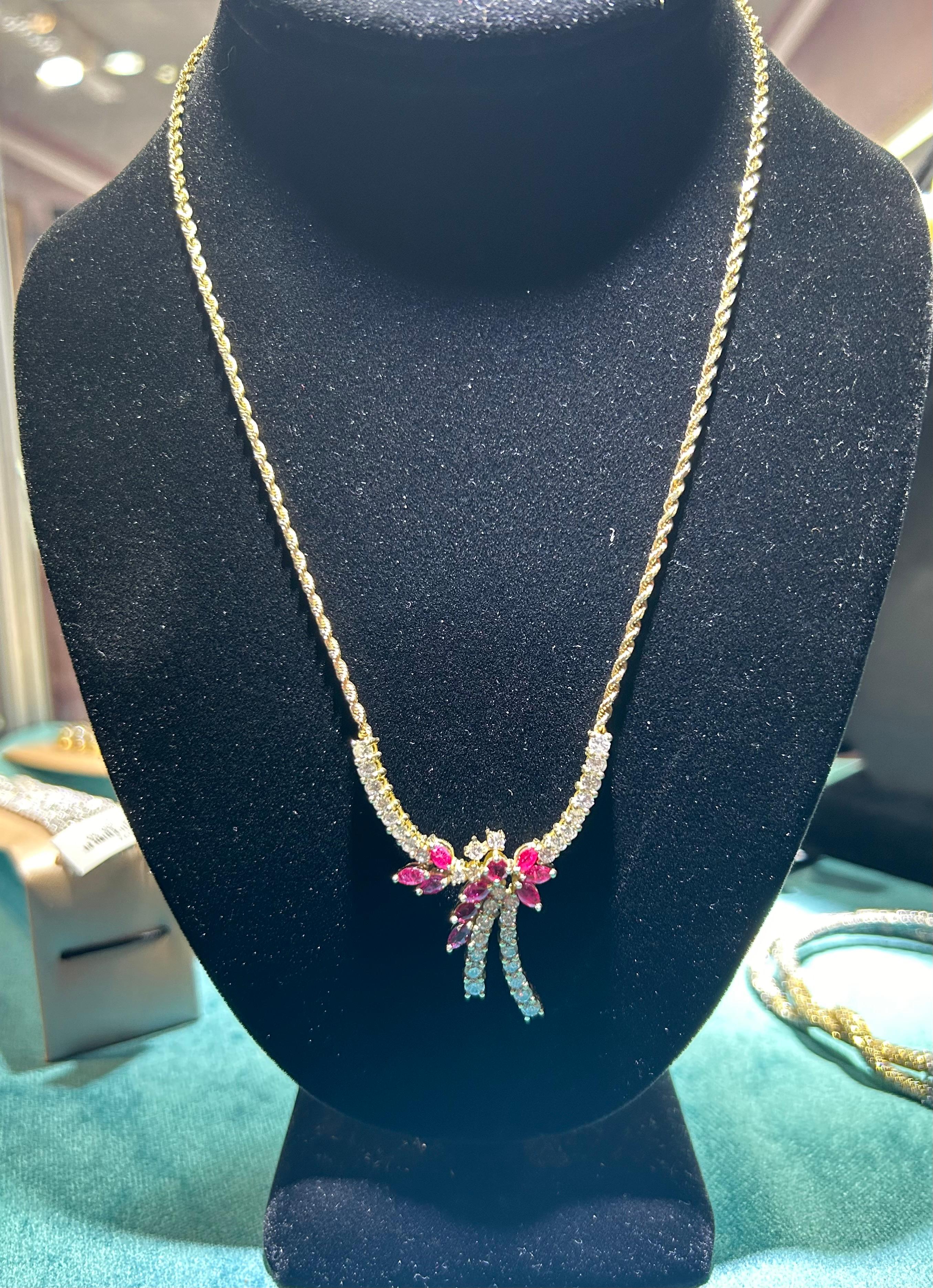 Diamond And Ruby Floral Drop Necklace For Sale 5