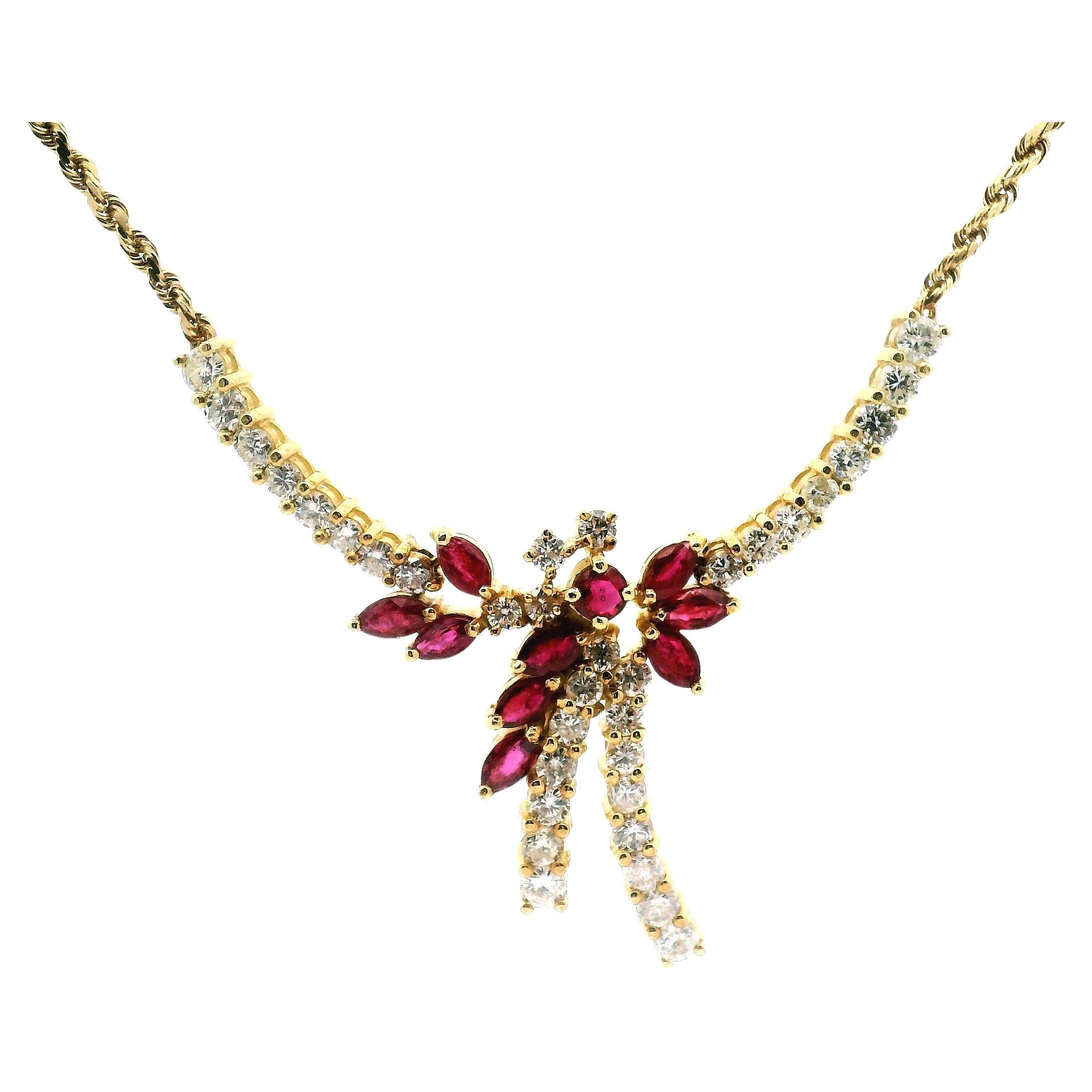 Diamond And Ruby Floral Drop Necklace For Sale