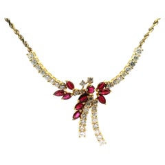 Diamond And Ruby Floral Drop Necklace