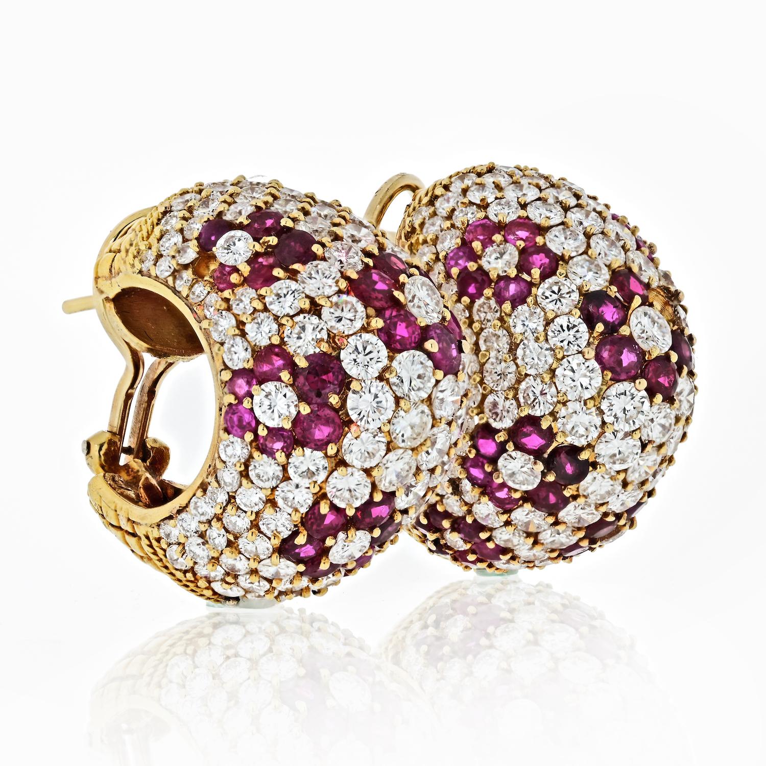 Diamond and ruby yellow gold pave hoop earrings with micro set rubies and diamonds throughout totaling approx. 15 carats. Crafted in 18K Yellow gold. For pierced ears. 