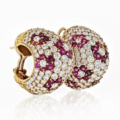 Diamond and Ruby Floral Huggie Hoop Pave Earrings