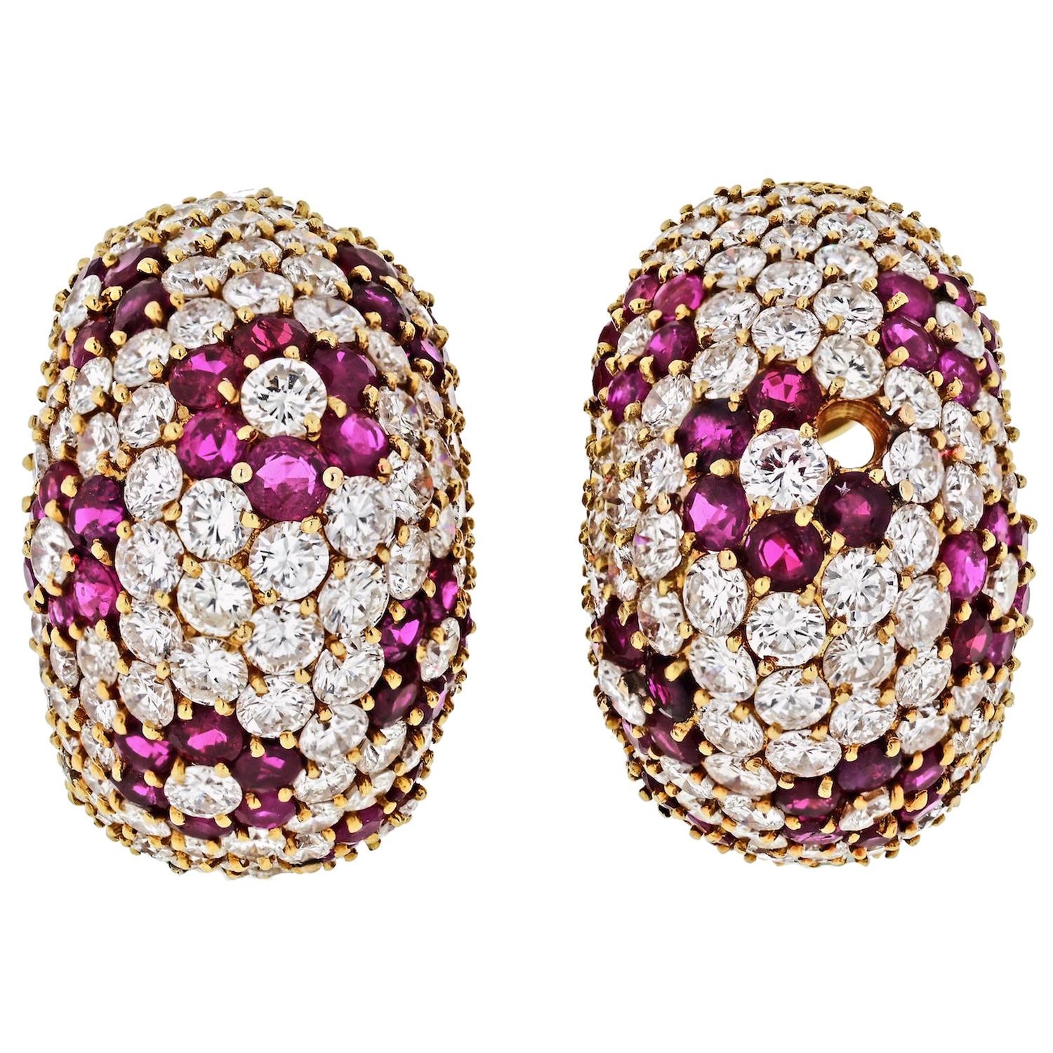 Diamond and Ruby Floral Huggie Hoop Pave Earrings For Sale