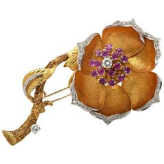 Diamond and Ruby Flower Brooch Pin, circa 1970