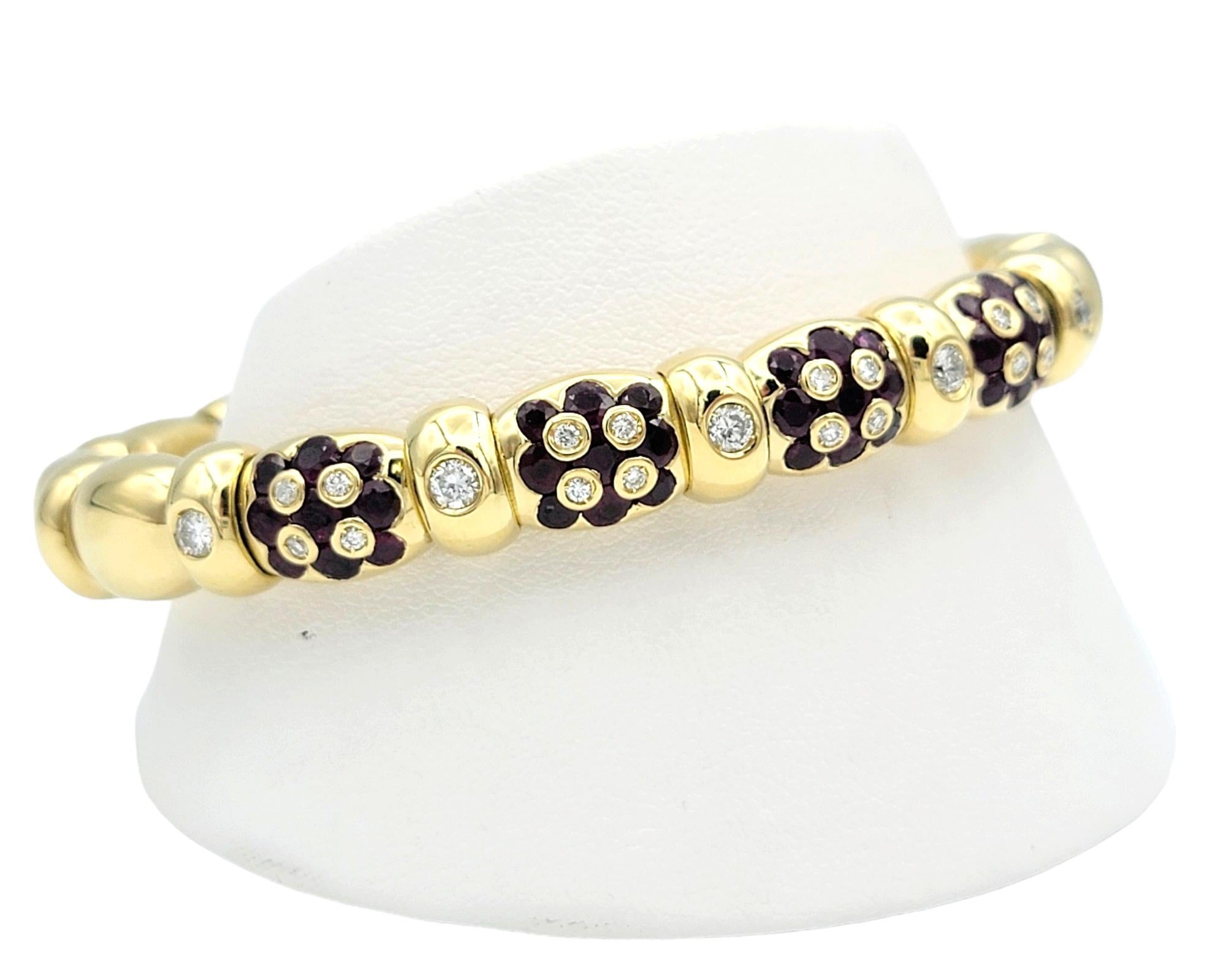 Women's Diamond and Ruby Flower Motif Flex Cuff Bracelet in 18 Karat Yellow Gold For Sale