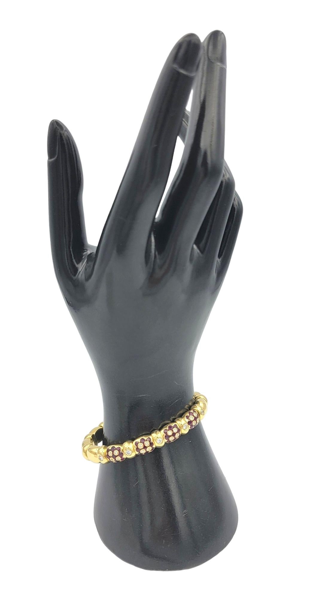 Diamond and Ruby Flower Motif Flex Cuff Bracelet in 18 Karat Yellow Gold For Sale 2