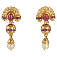 Retro Diamond and Ruby Gold Dangle Earrings with Cultured Pearl Drops
