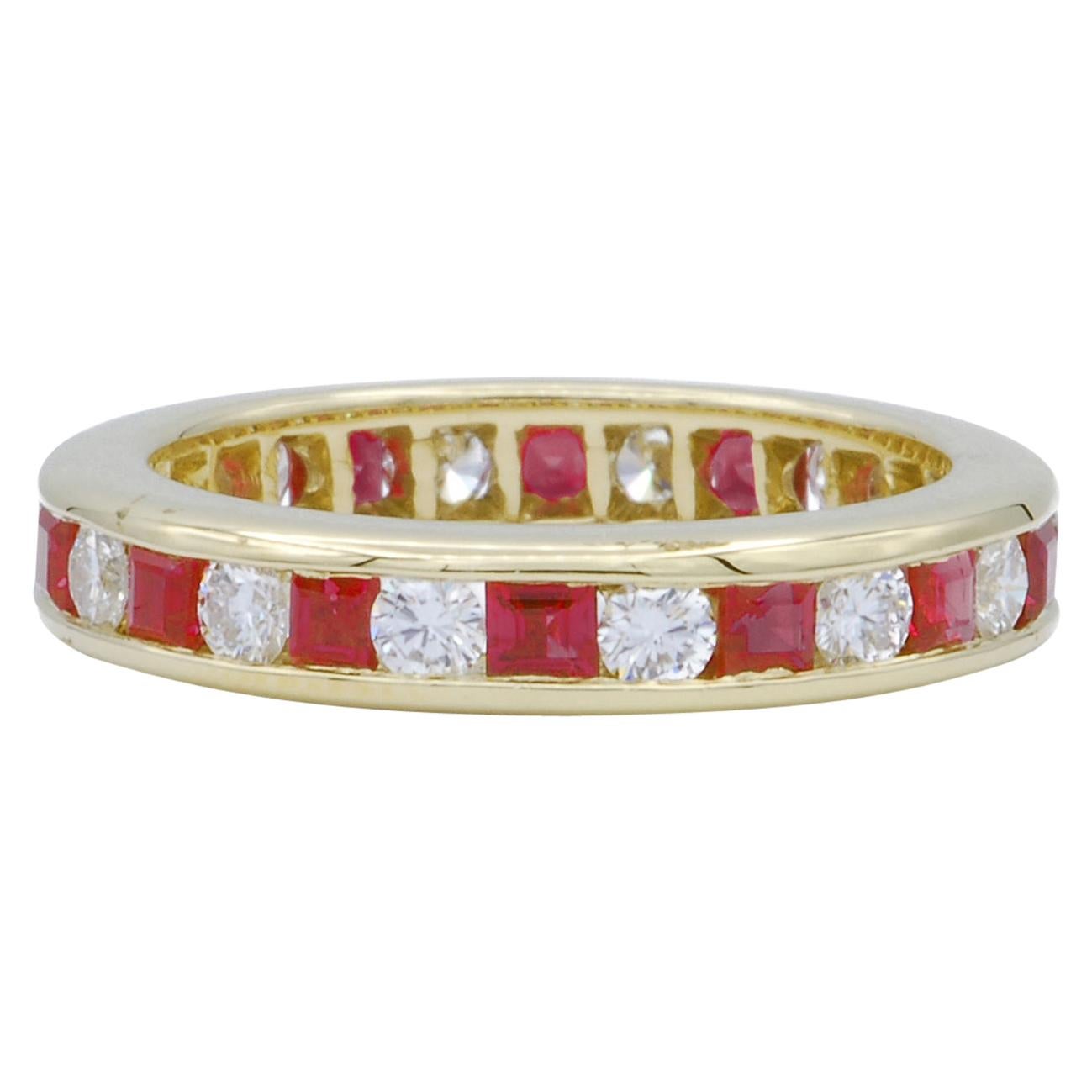 Diamond and Ruby Gold Eternity Band Ring For Sale