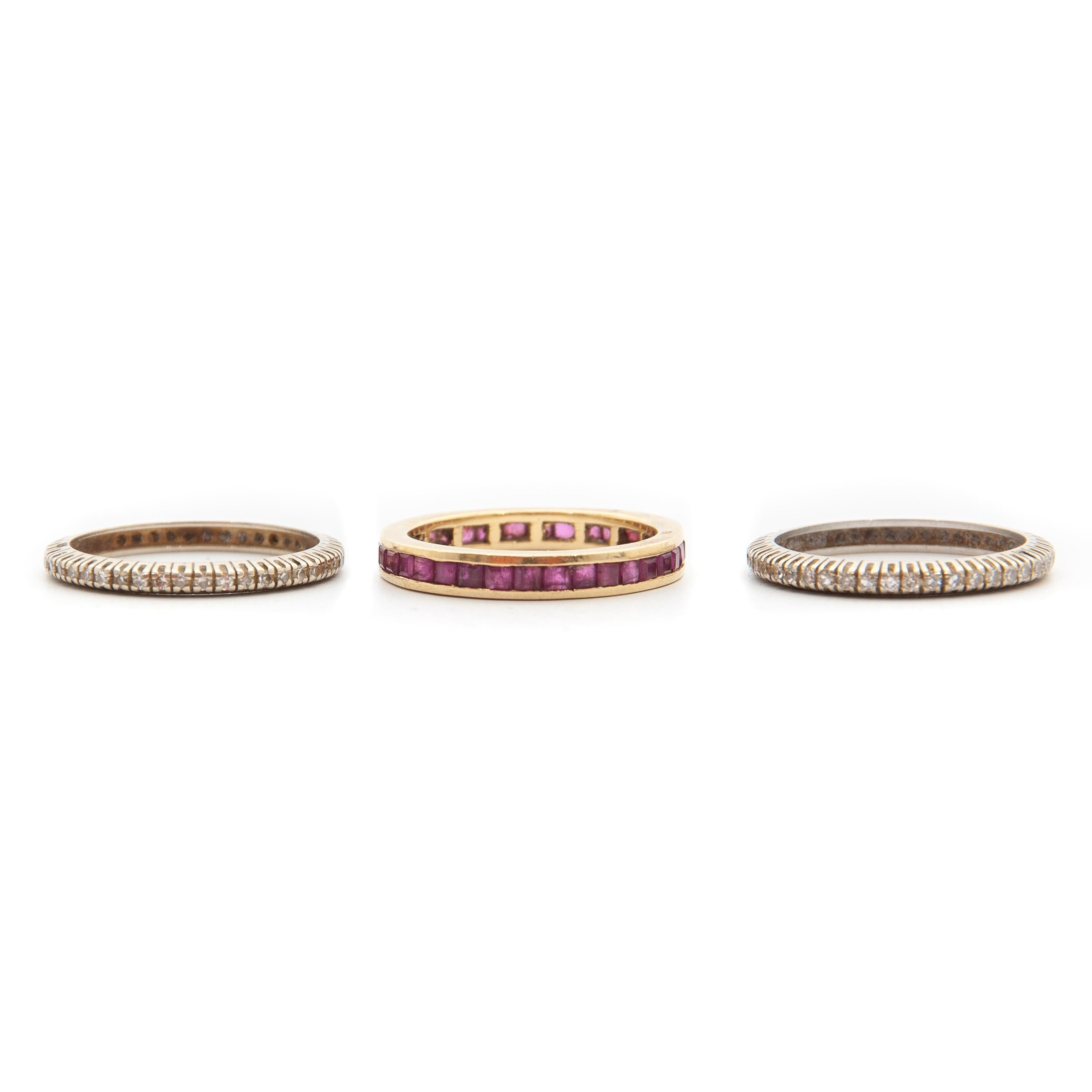 Brilliant Cut Vintage Ruby Diamond 18 karat Gold Three Eternity Rings For Sale