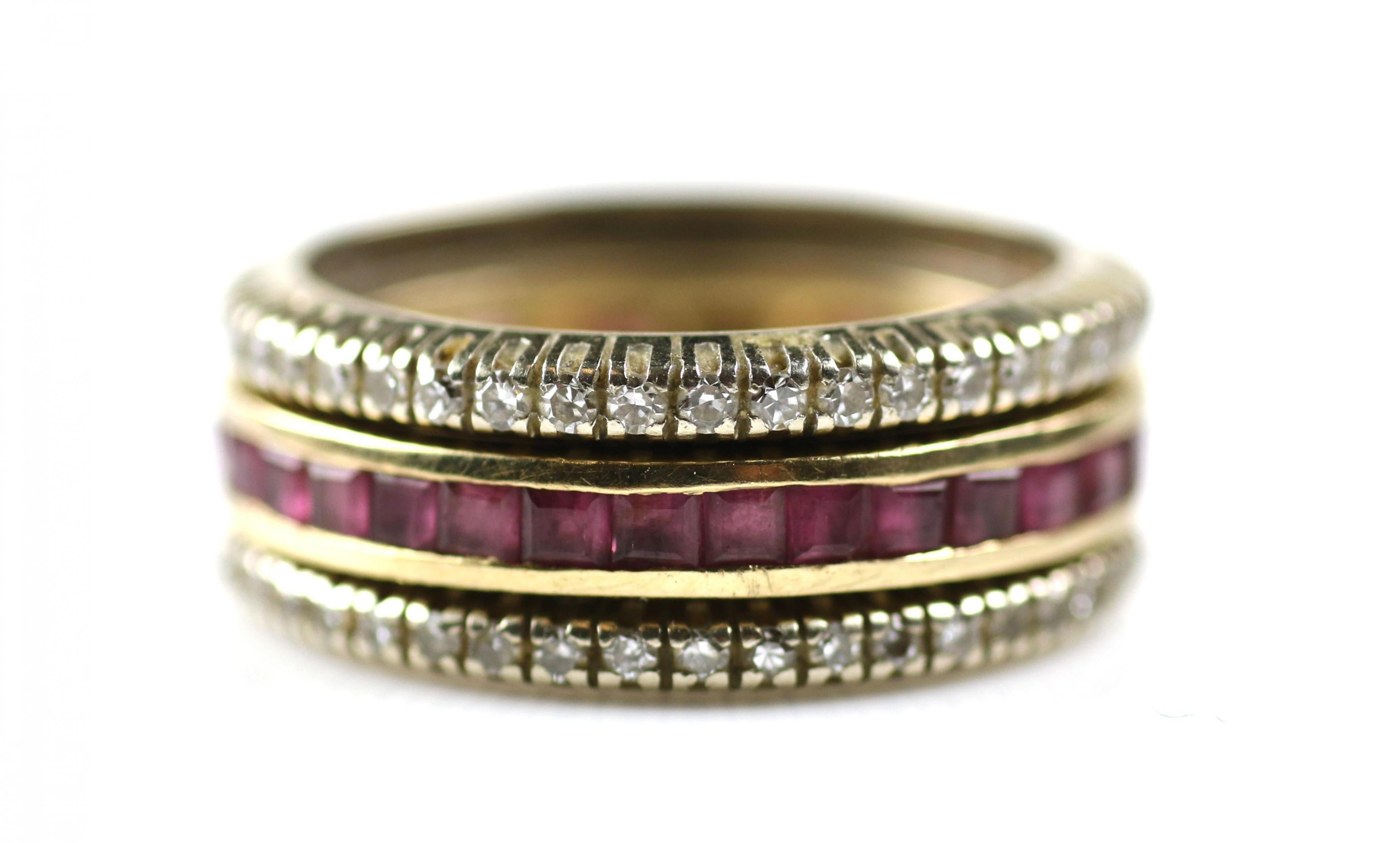 Women's Vintage Ruby Diamond 18 karat Gold Three Eternity Rings For Sale