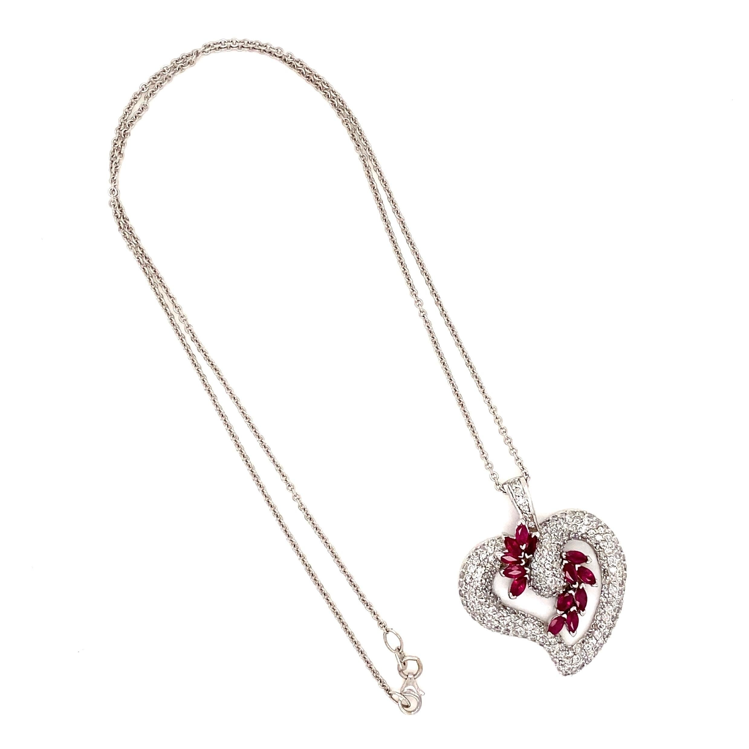 Modern Diamond and Ruby Gold Heart Pendant Necklace For Sale