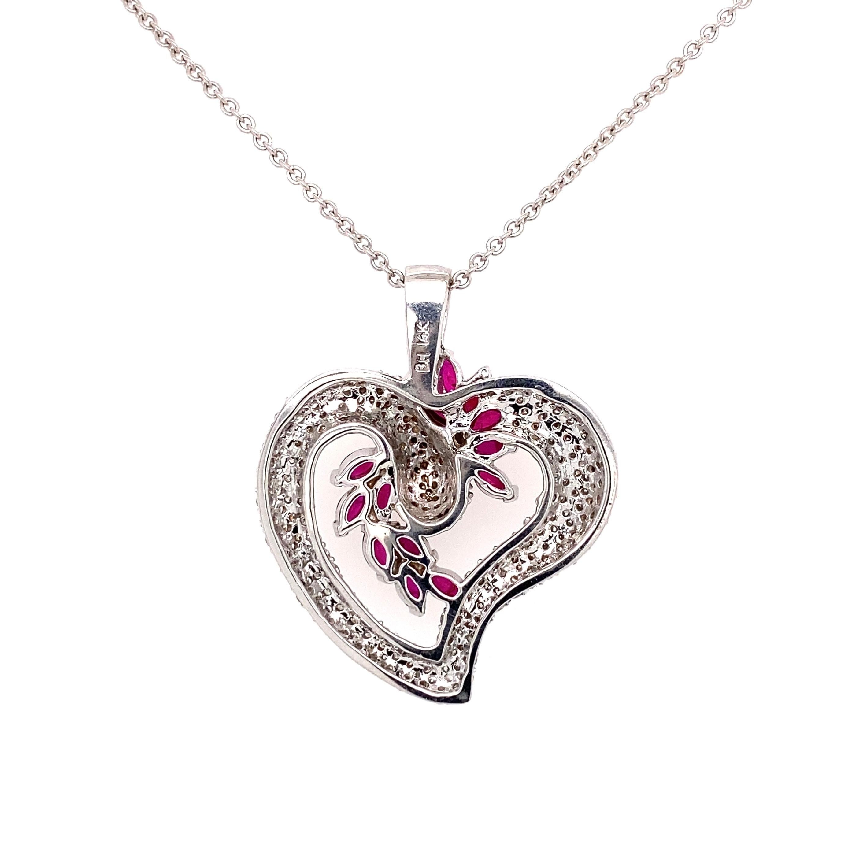 Mixed Cut Diamond and Ruby Gold Heart Pendant Necklace For Sale