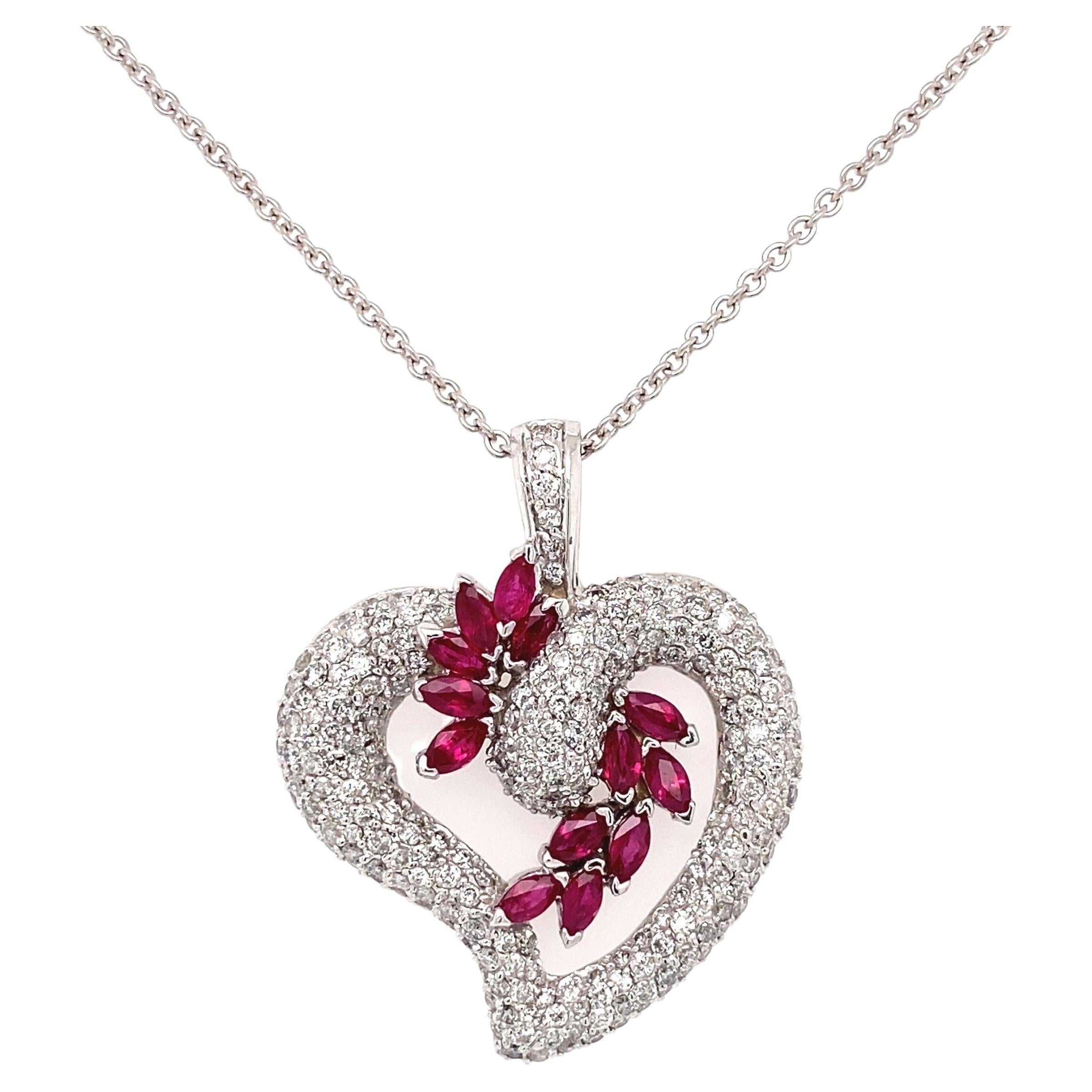 Diamond and Ruby Gold Heart Pendant Necklace For Sale