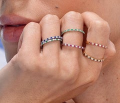 Diamond and Ruby Half Eternity Band 18k Solid White Gold Dainty Stackable Ring