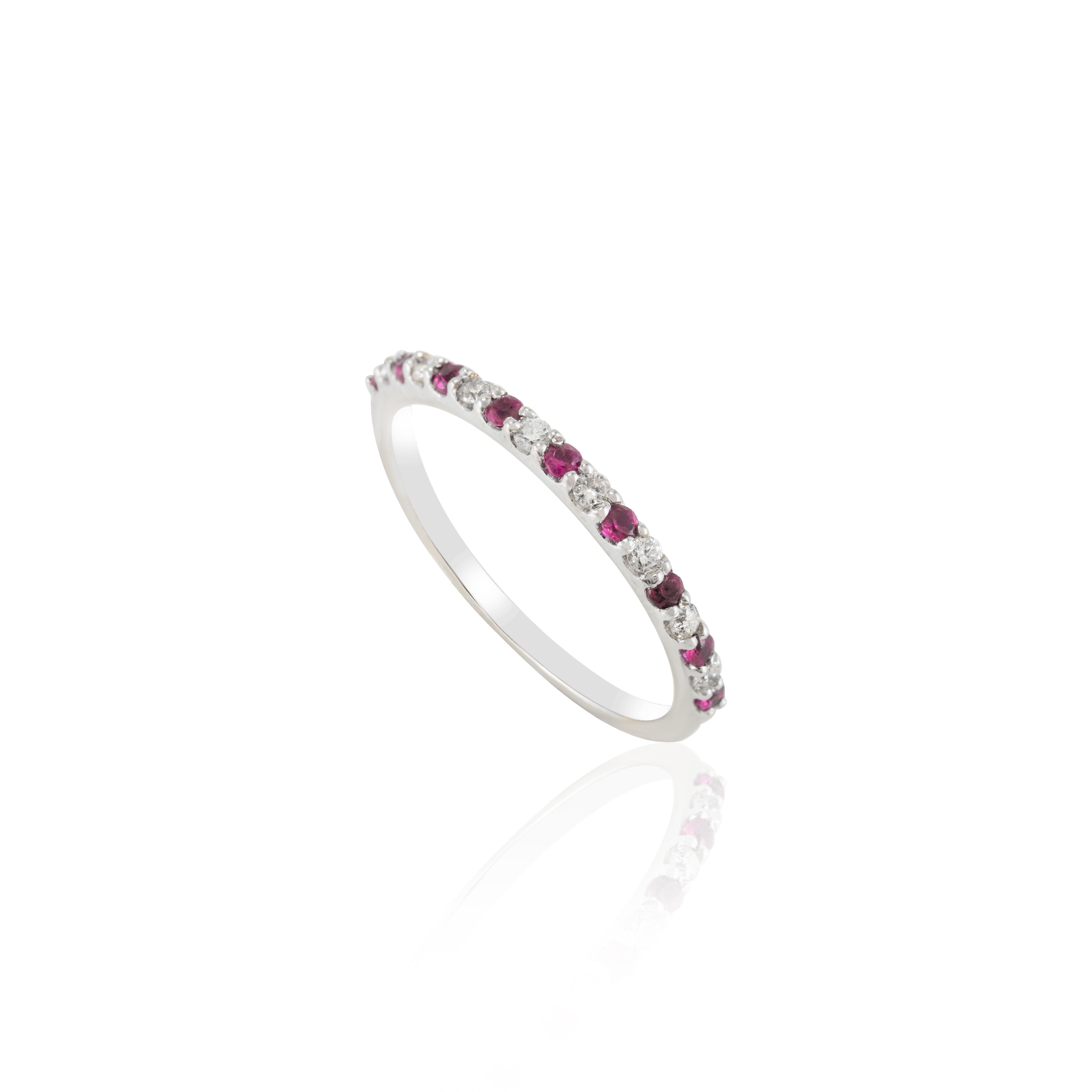 For Sale:  Diamond and Ruby Half Eternity Band 18k Solid White Gold Dainty Stackable Ring 3