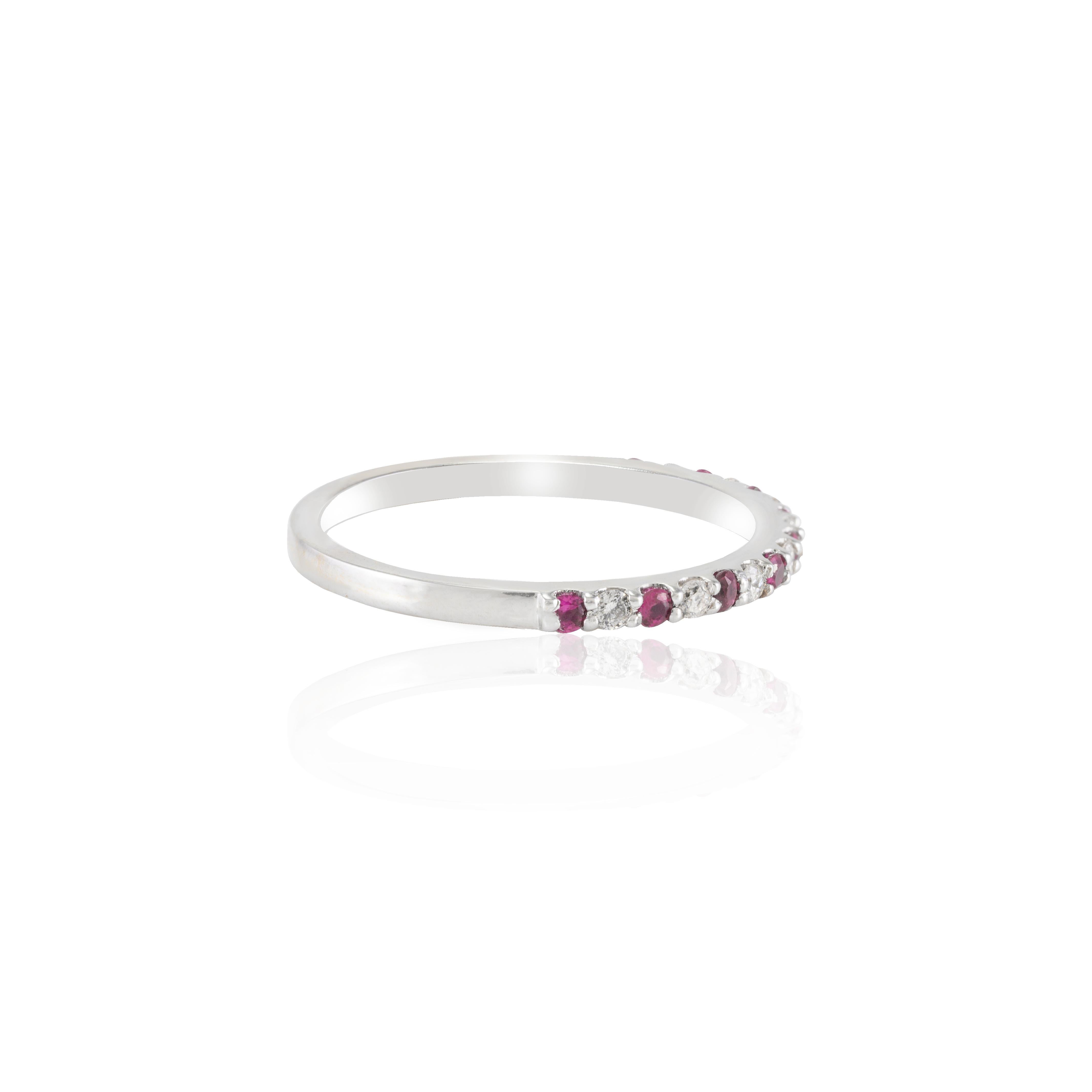 For Sale:  Diamond and Ruby Half Eternity Band 18k Solid White Gold Dainty Stackable Ring 6
