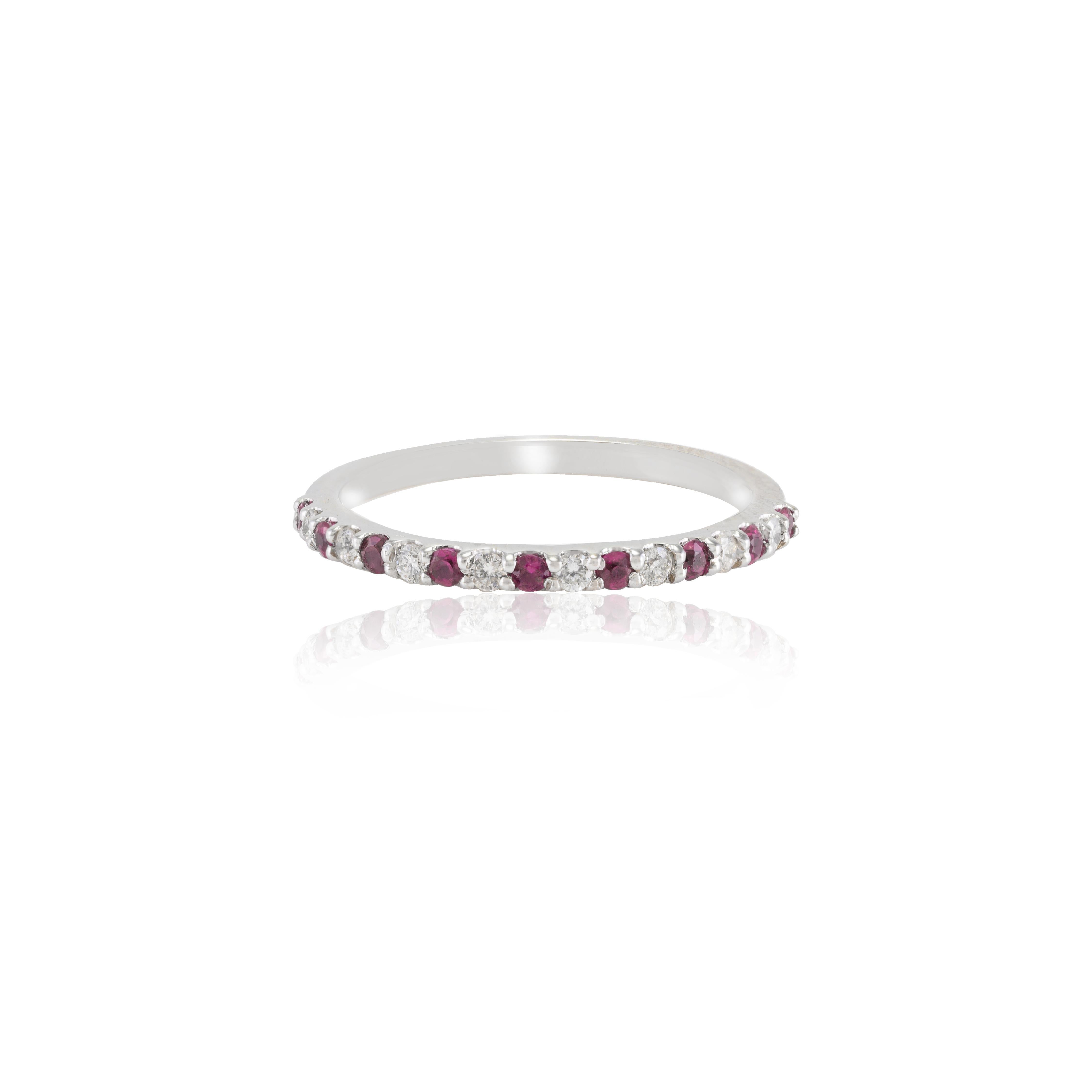For Sale:  Diamond and Ruby Half Eternity Band 18k Solid White Gold Dainty Stackable Ring 7