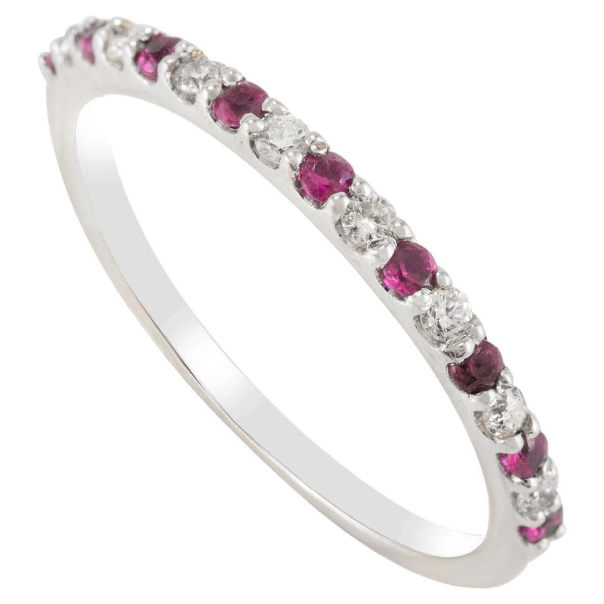 Diamond and Ruby Half Eternity Band 18k Solid White Gold Dainty Stackable Ring