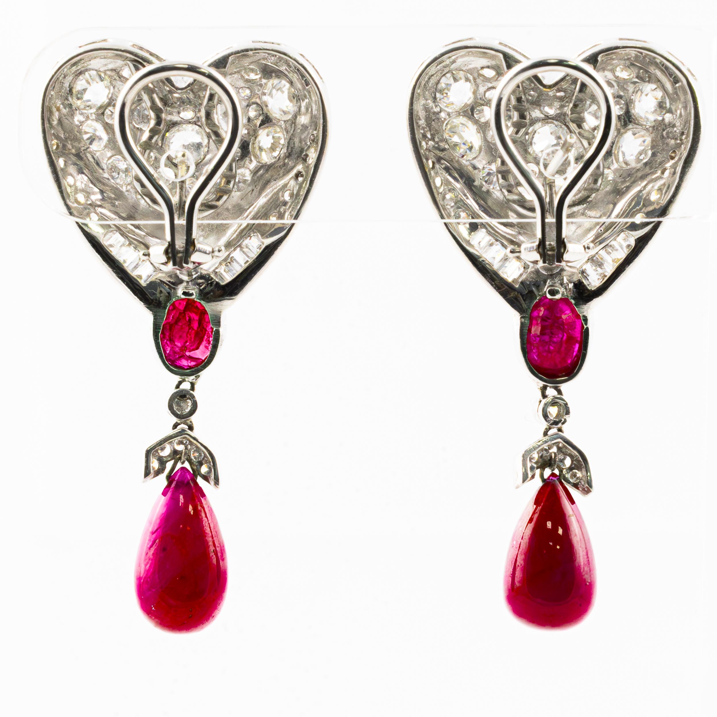 Round Cut Diamond and Ruby Heart Drop Gold Earrings For Sale