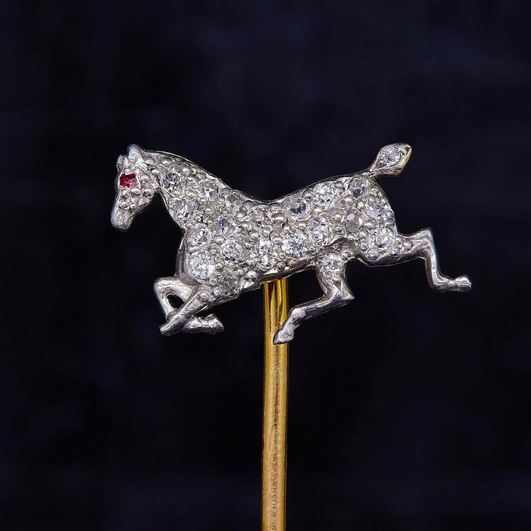 Round Cut Diamond and Ruby Horse Gold Stick Pin For Sale