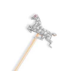  Yellow and White Gold Diamond and Ruby Horse Gold Stick Pin Brooch