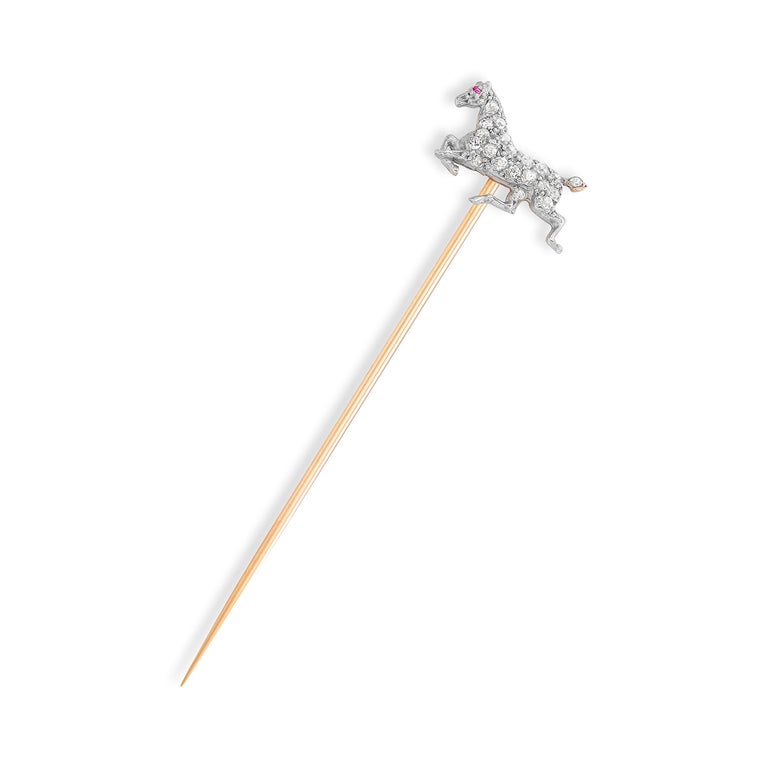 Diamond and Ruby Horse Gold Stick Pin For Sale 3
