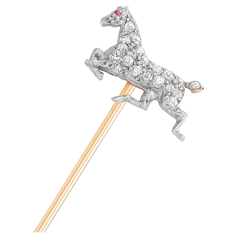 Diamond and Ruby Horse Gold Stick Pin For Sale