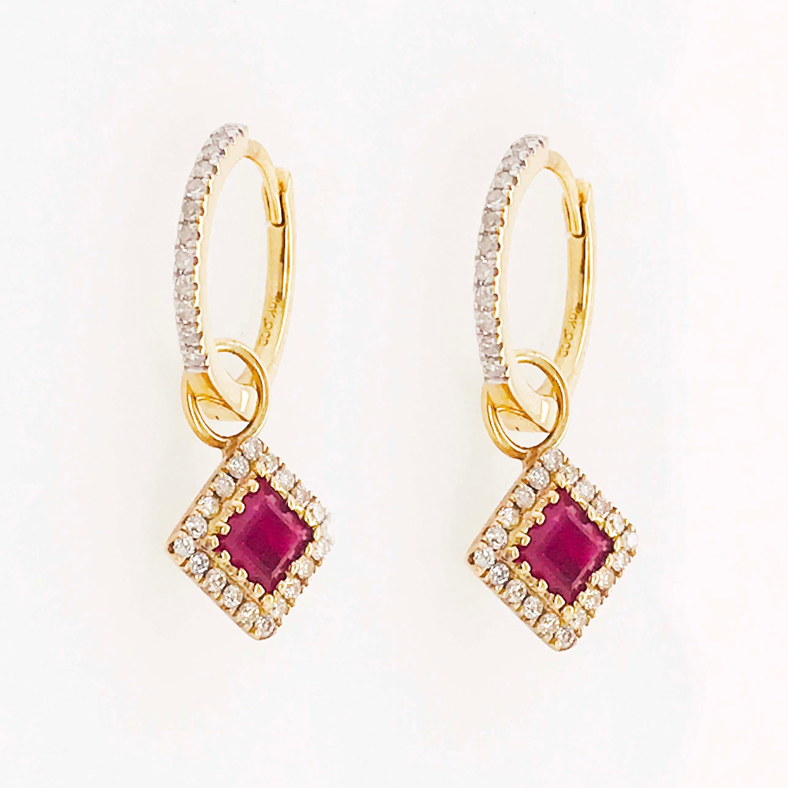 These genuine ruby and diamond earring huggies and charms are trendy and stunning! With a square, or princess cut, genuine ruby gemstone set in each earring charm. The ruby gemstone is framed with a diamond halo that sparkles and compliments the